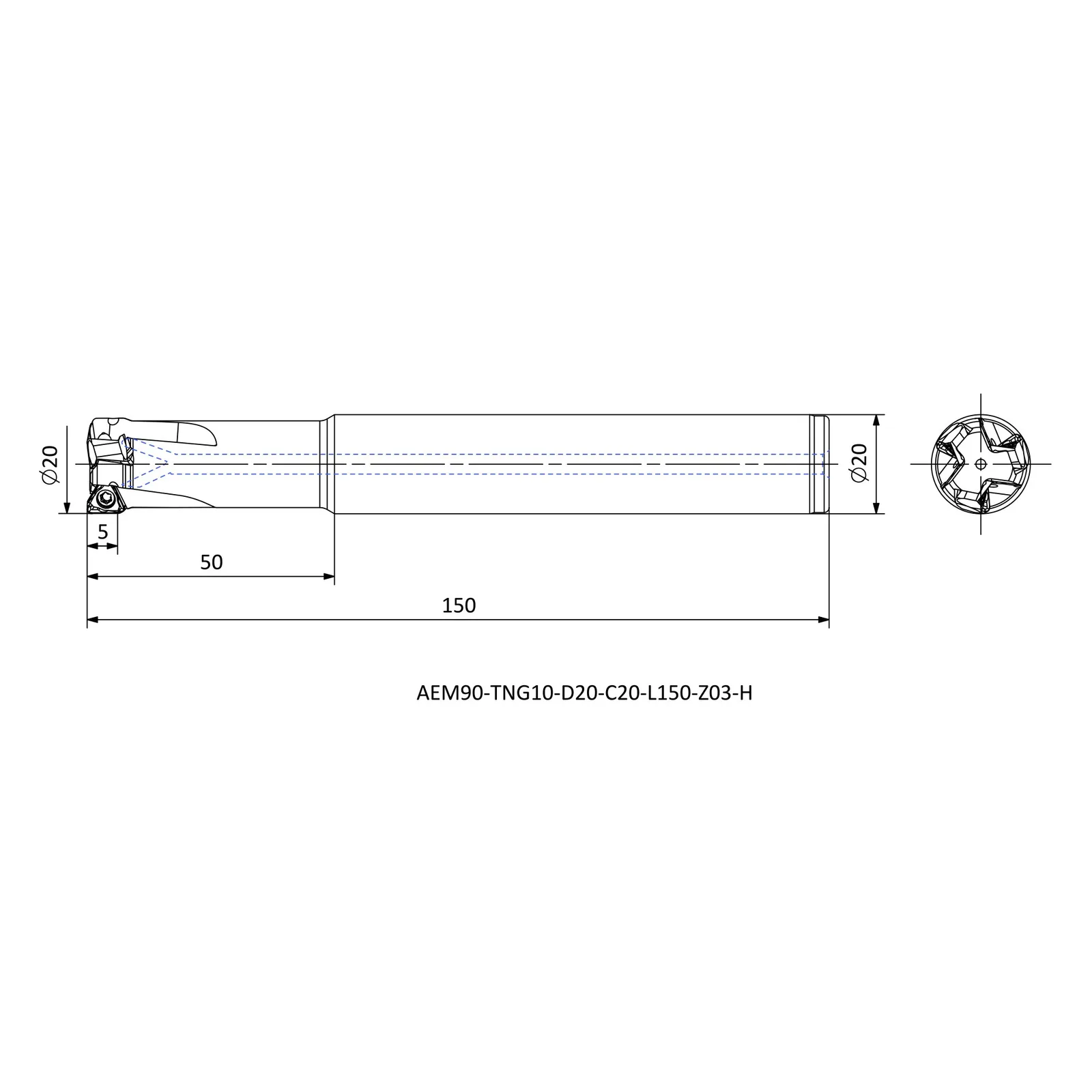 AEM90-TNG10-D20-C20-L150-Z03-H &mdash; dimensioned drawing