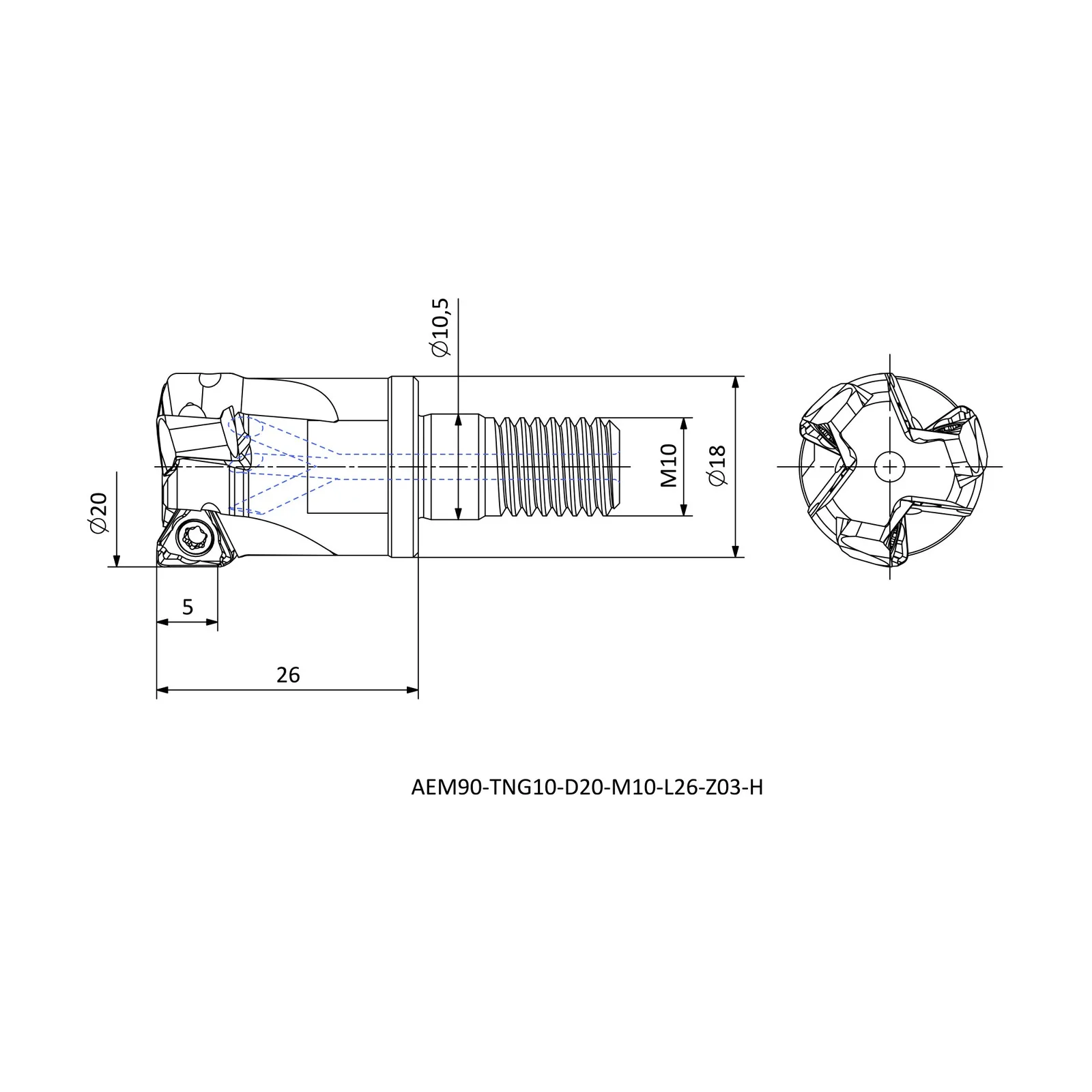 AEM90-TNG10-D20-M10-L26-Z03-H &mdash; dimensioned drawing