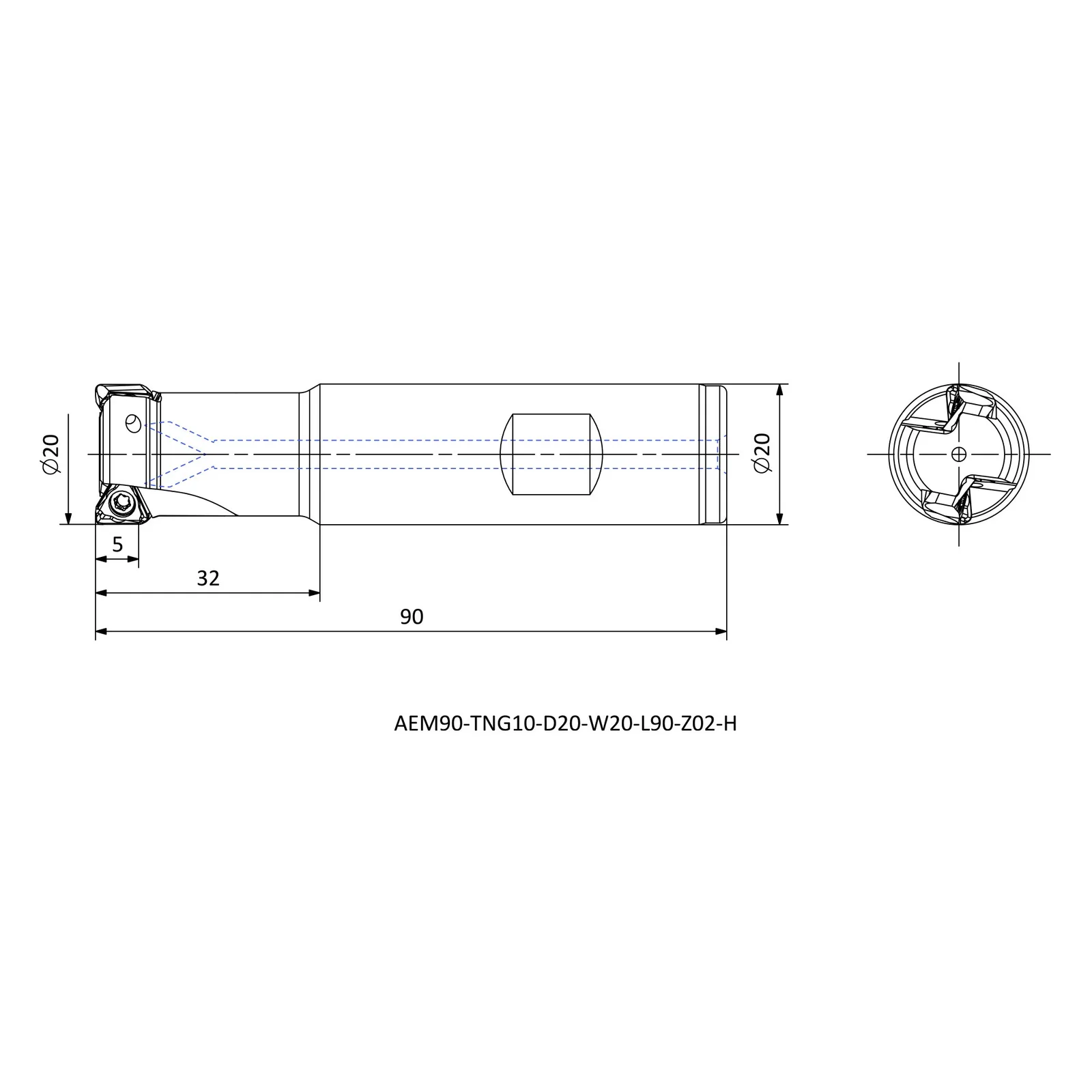AEM90-TNG10-D20-W20-L90-Z02-H &mdash; dimensioned drawing