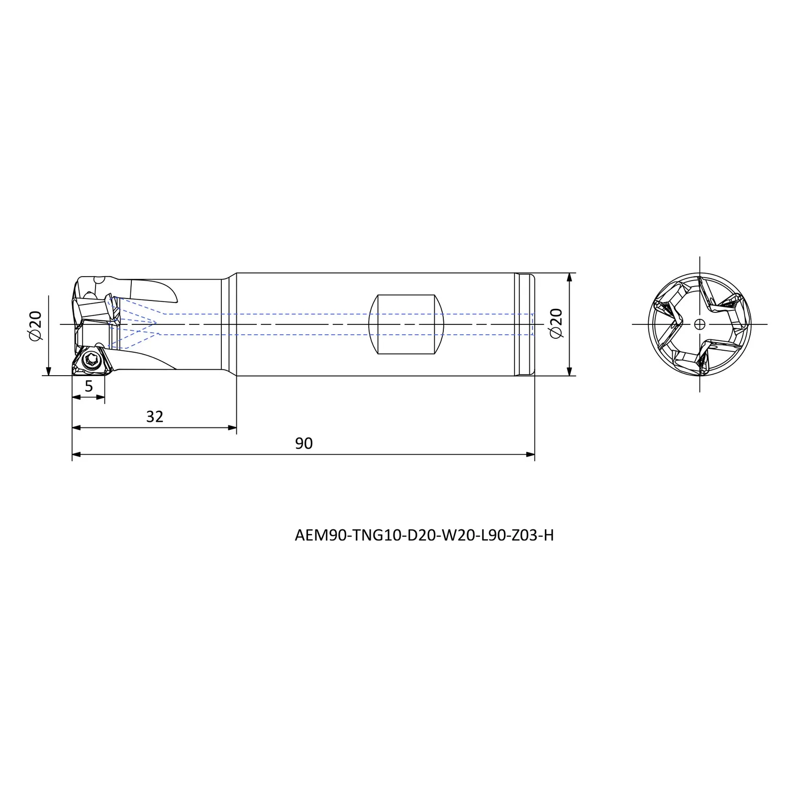 AEM90-TNG10-D20-W20-L90-Z03-H &mdash; dimensioned drawing