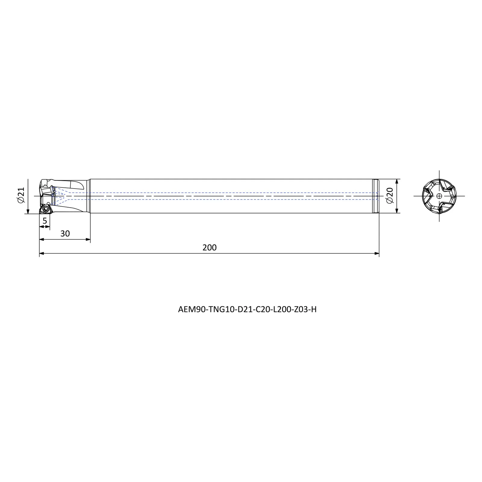 AEM90-TNG10-D21-C20-L200-Z03-H &mdash; dimensioned drawing