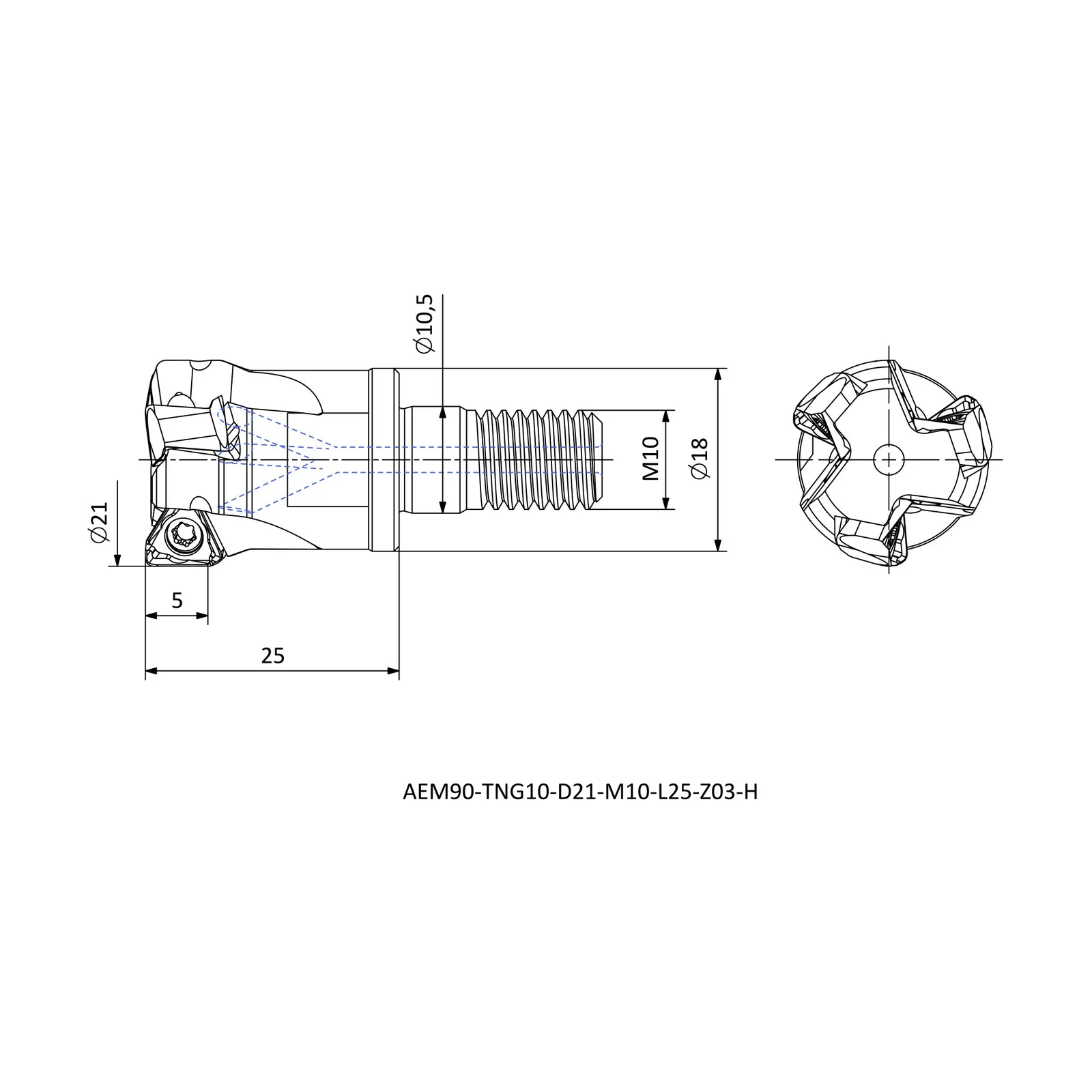 AEM90-TNG10-D21-M10-L25-Z03-H &mdash; dimensioned drawing