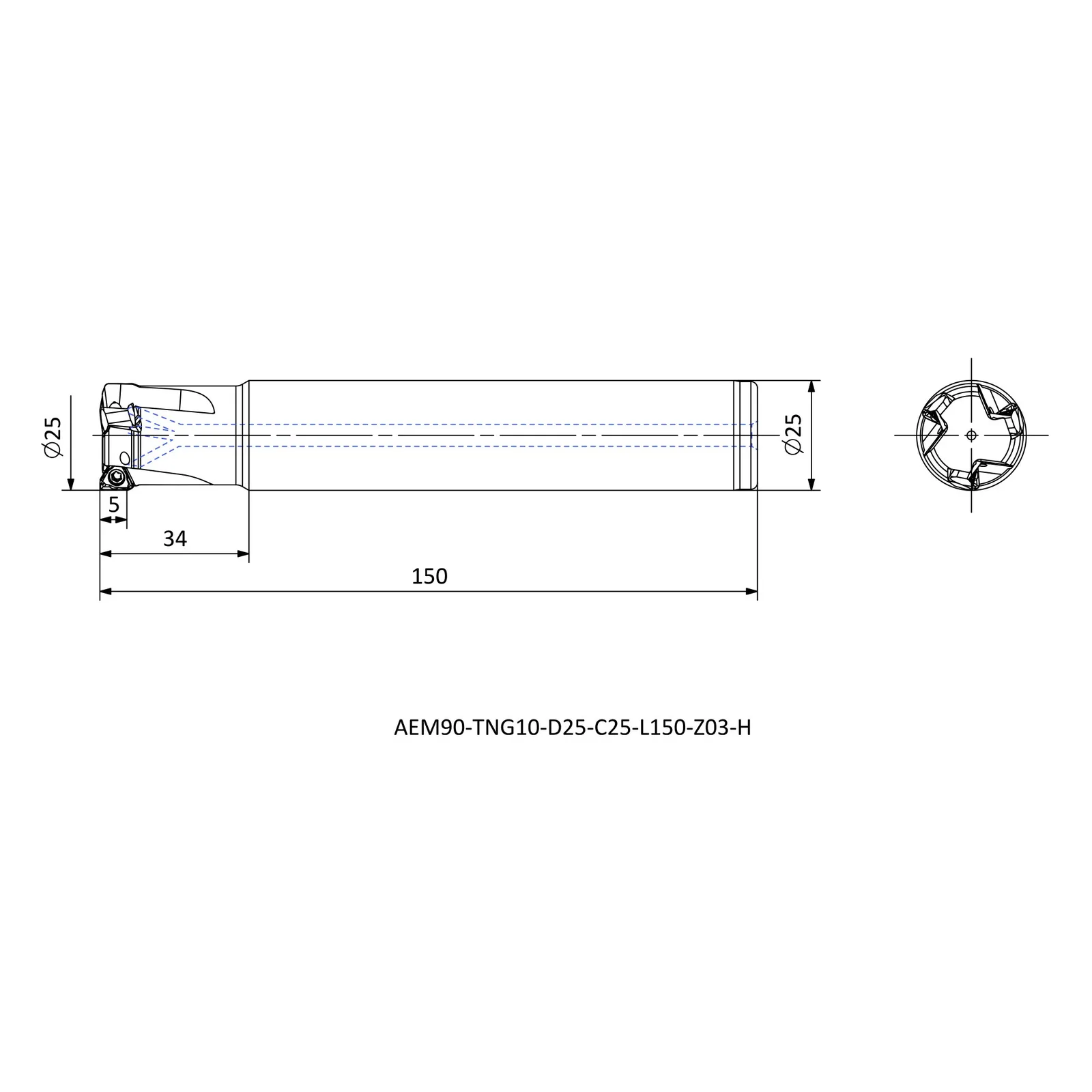 AEM90-TNG10-D25-C25-L150-Z03-H &mdash; dimensioned drawing
