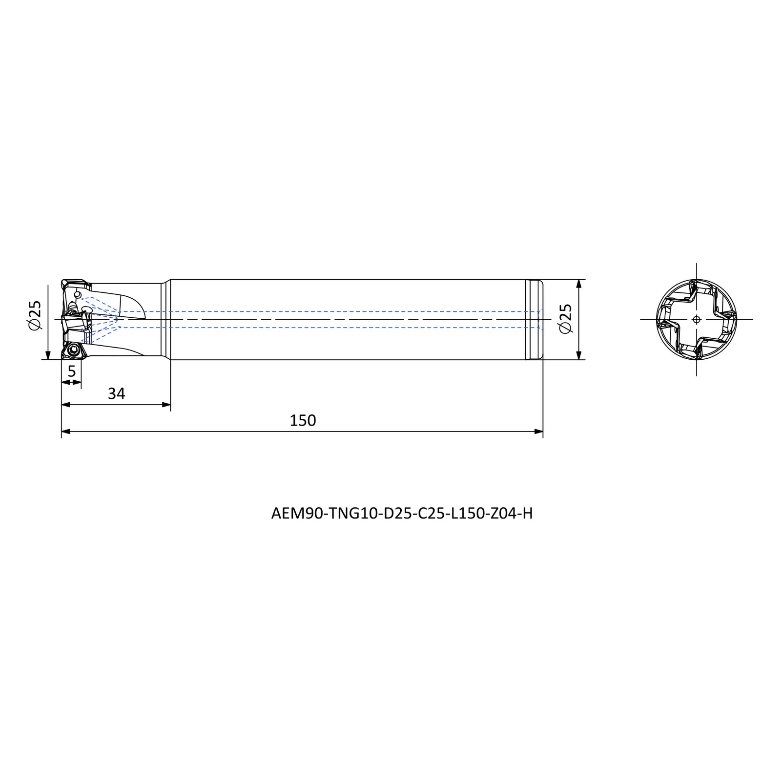 AEM90-TNG10-D25-C25-L150-Z04-H &mdash; dimensioned drawing