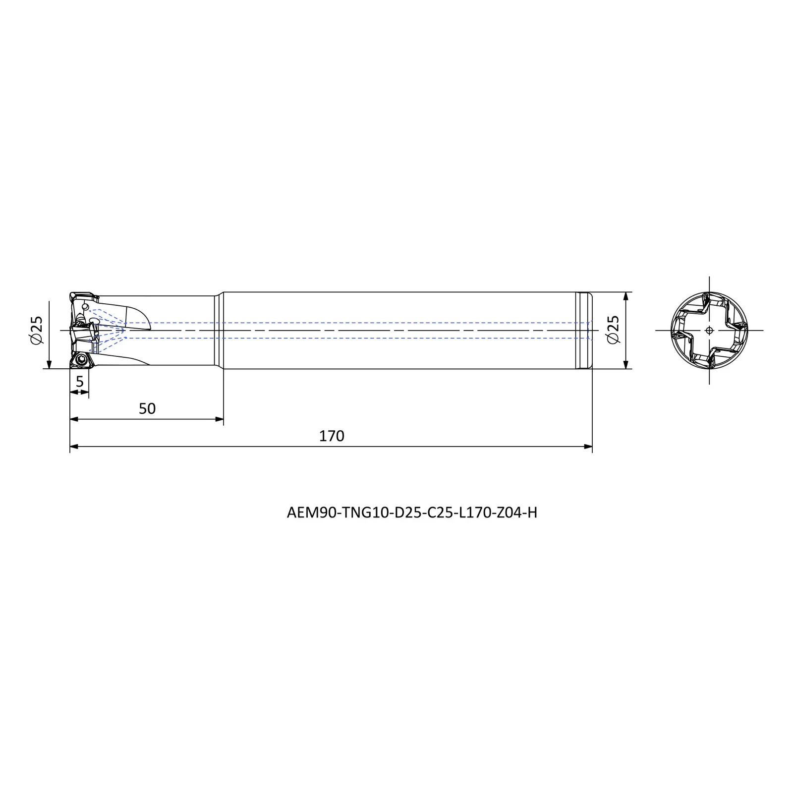 AEM90-TNG10-D25-C25-L170-Z04-H &mdash; dimensioned drawing