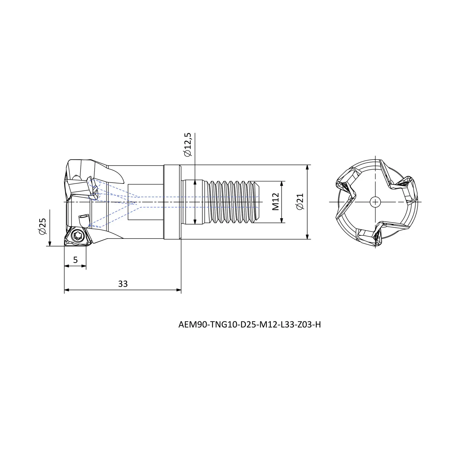 AEM90-TNG10-D25-M12-L33-Z03-H &mdash; dimensioned drawing