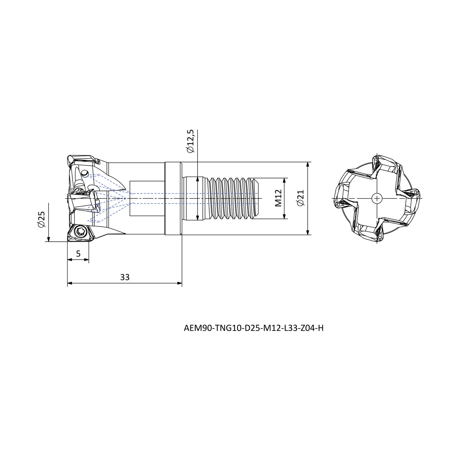 AEM90-TNG10-D25-M12-L33-Z04-H &mdash; dimensioned drawing
