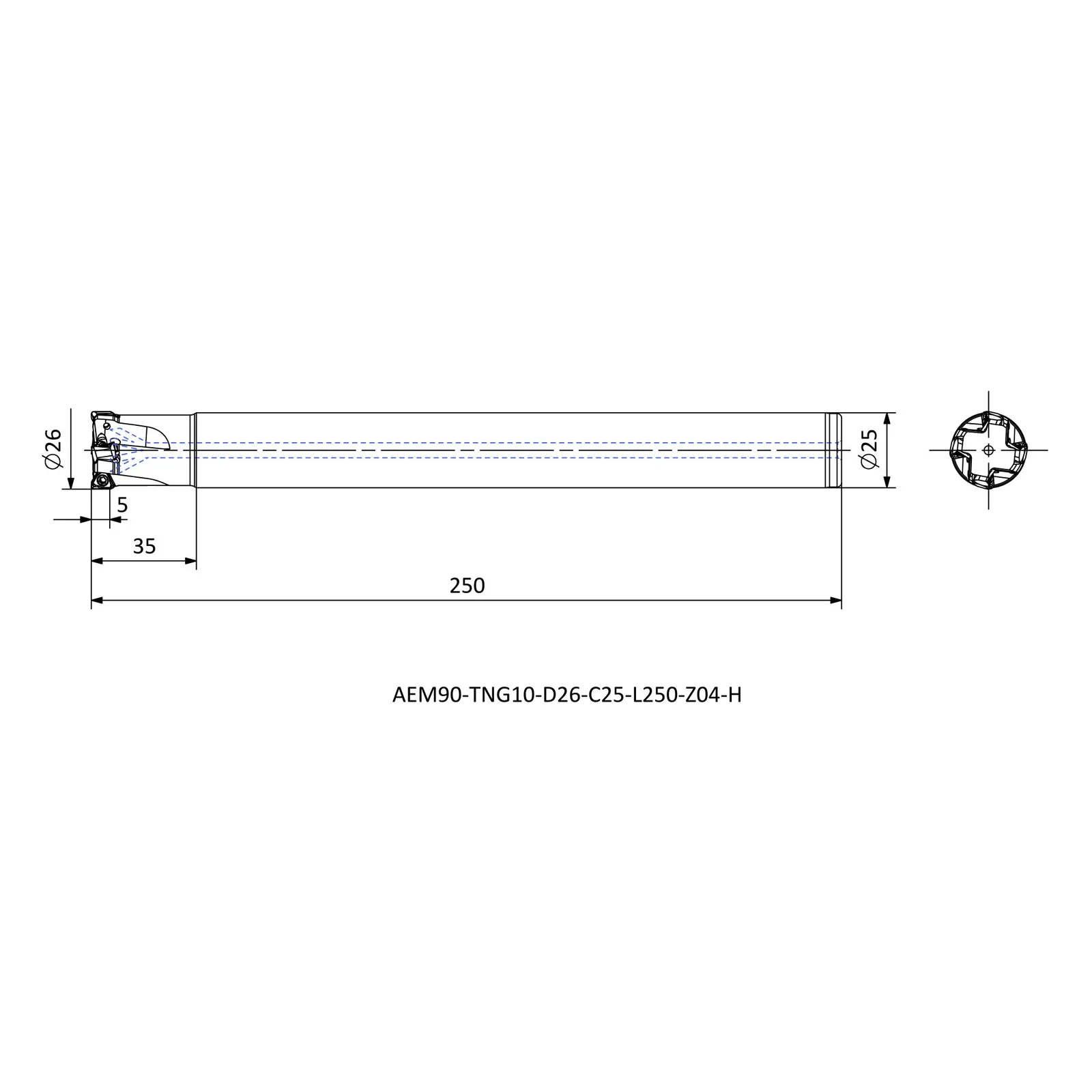 AEM90-TNG10-D26-C25-L250-Z04-H &mdash; dimensioned drawing
