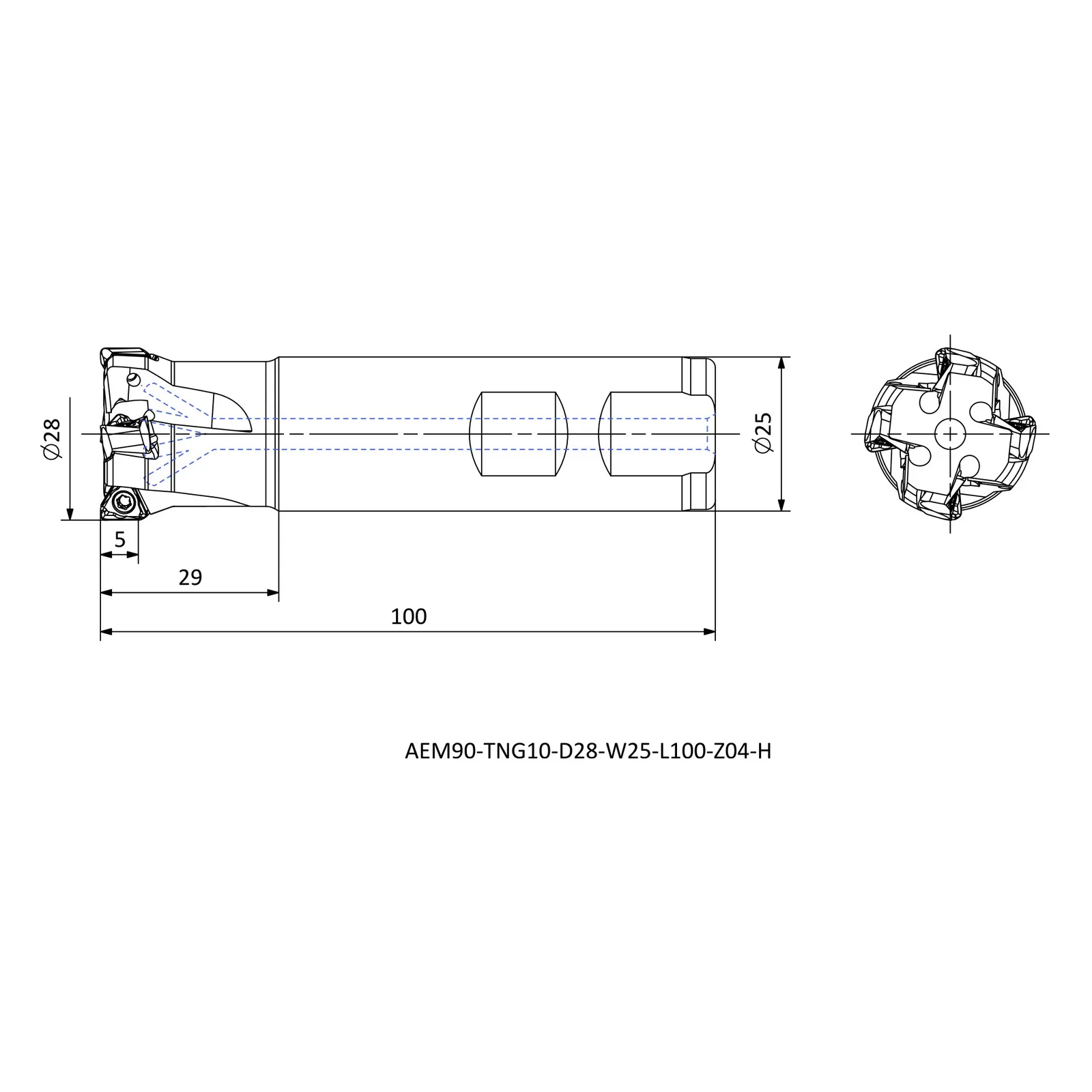 AEM90-TNG10-D28-W25-L100-Z04-H &mdash; dimensioned drawing