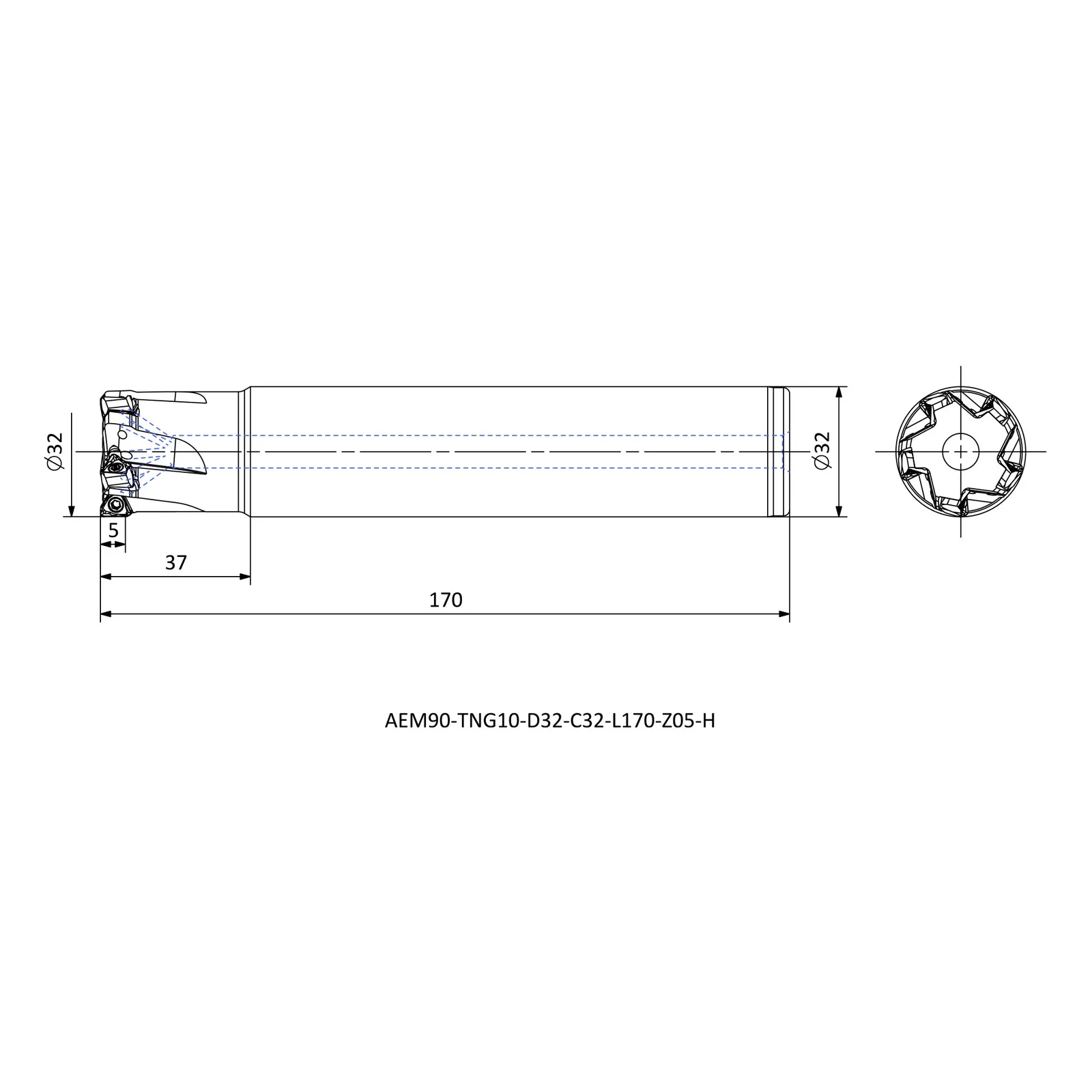 AEM90-TNG10-D32-C32-L170-Z05-H &mdash; dimensioned drawing