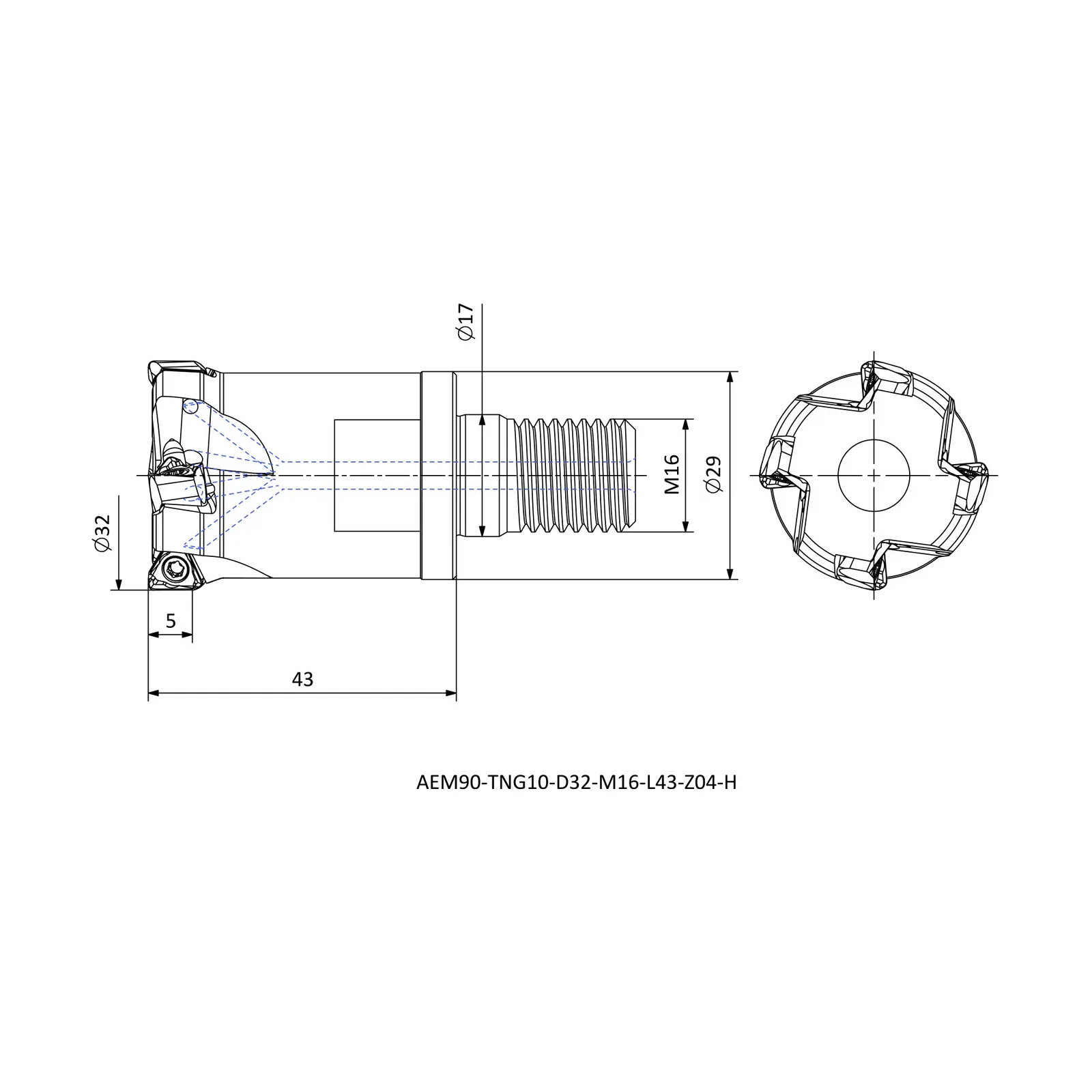 AEM90-TNG10-D32-M16-L43-Z04-H &mdash; dimensioned drawing