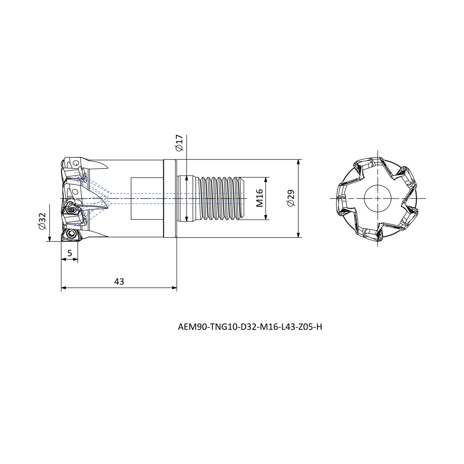 AEM90-TNG10-D32-M16-L43-Z05-H &mdash; dimensioned drawing