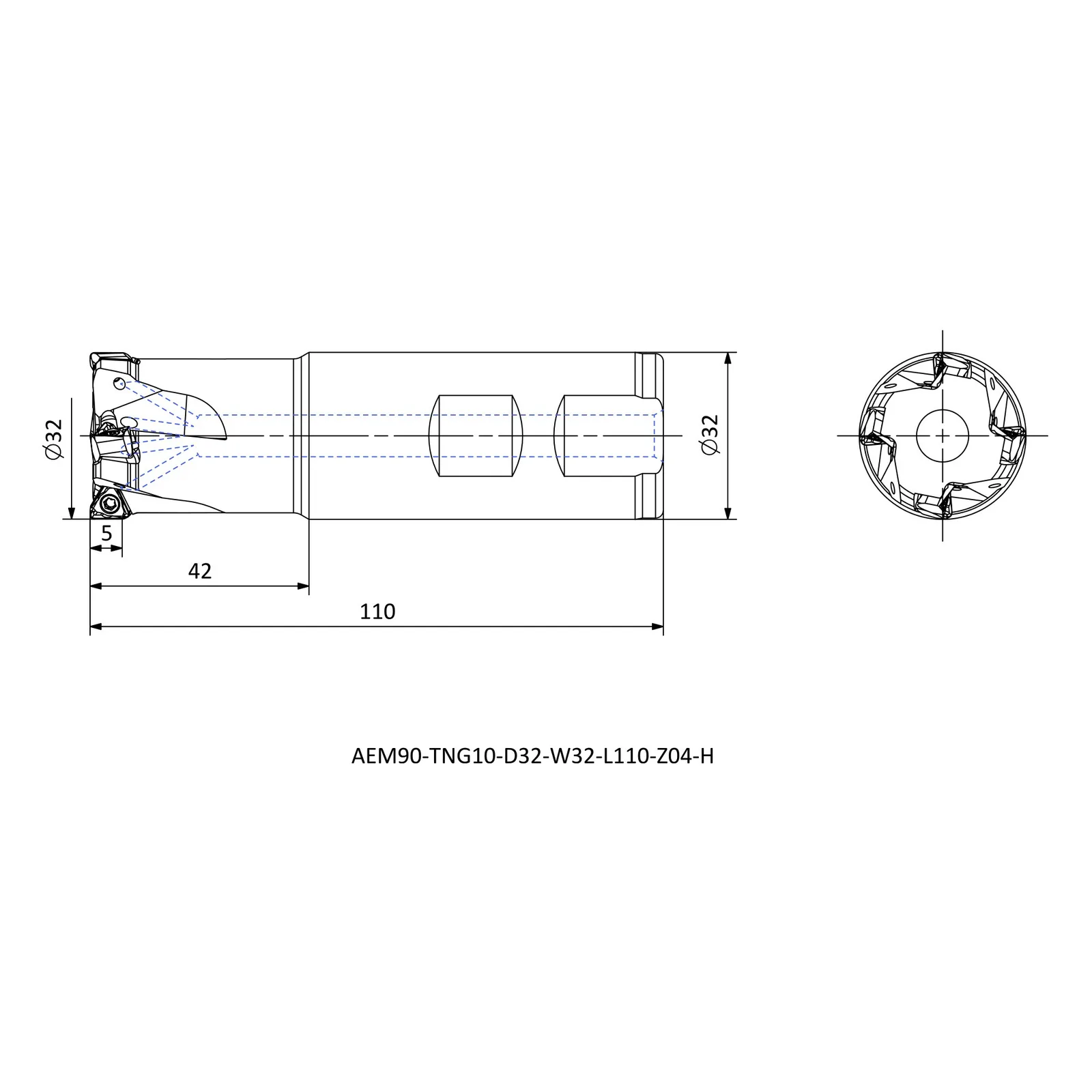 AEM90-TNG10-D32-W32-L110-Z04-H &mdash; dimensioned drawing