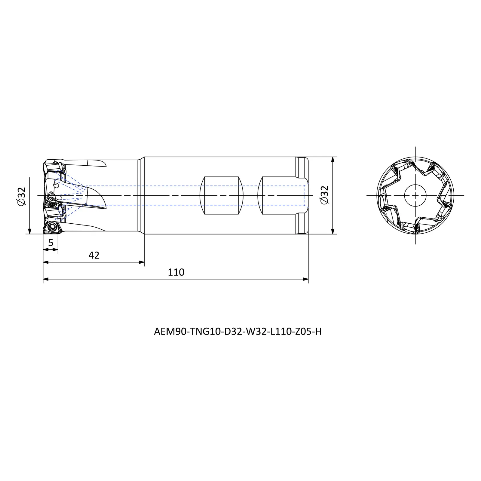 AEM90-TNG10-D32-W32-L110-Z05-H &mdash; dimensioned drawing