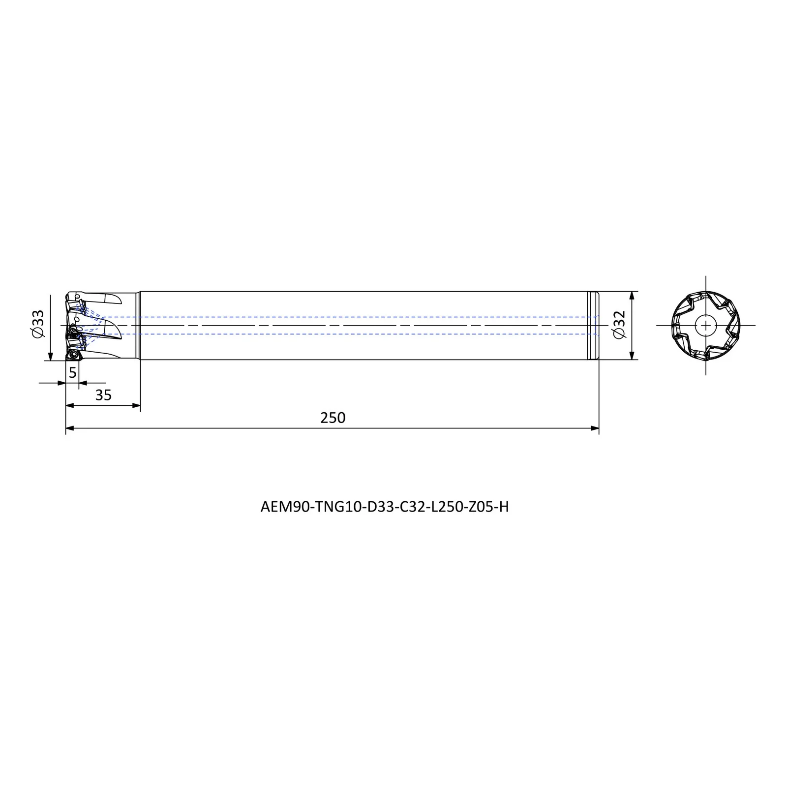 AEM90-TNG10-D33-C32-L250-Z05-H &mdash; dimensioned drawing