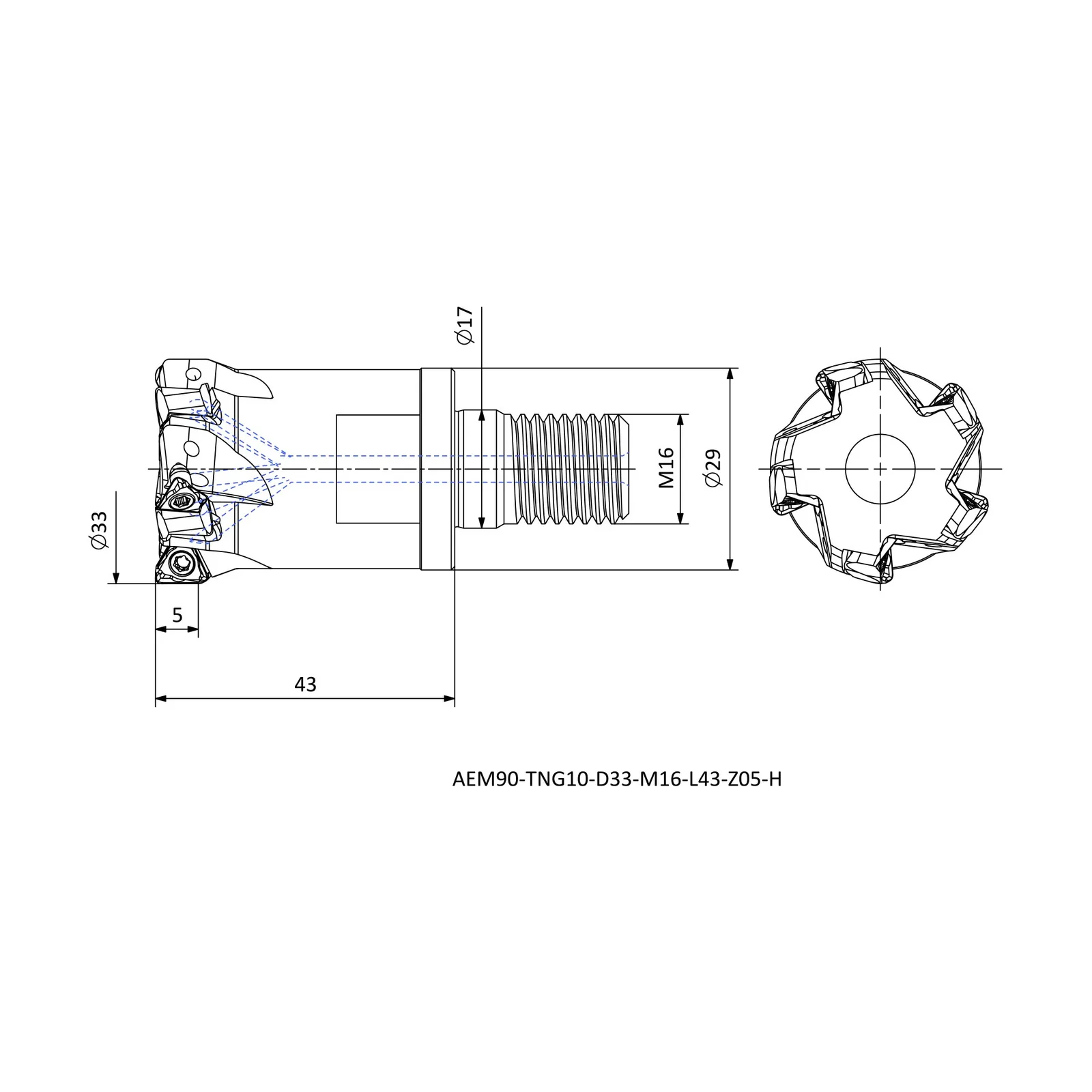 AEM90-TNG10-D33-M16-L43-Z05-H &mdash; dimensioned drawing