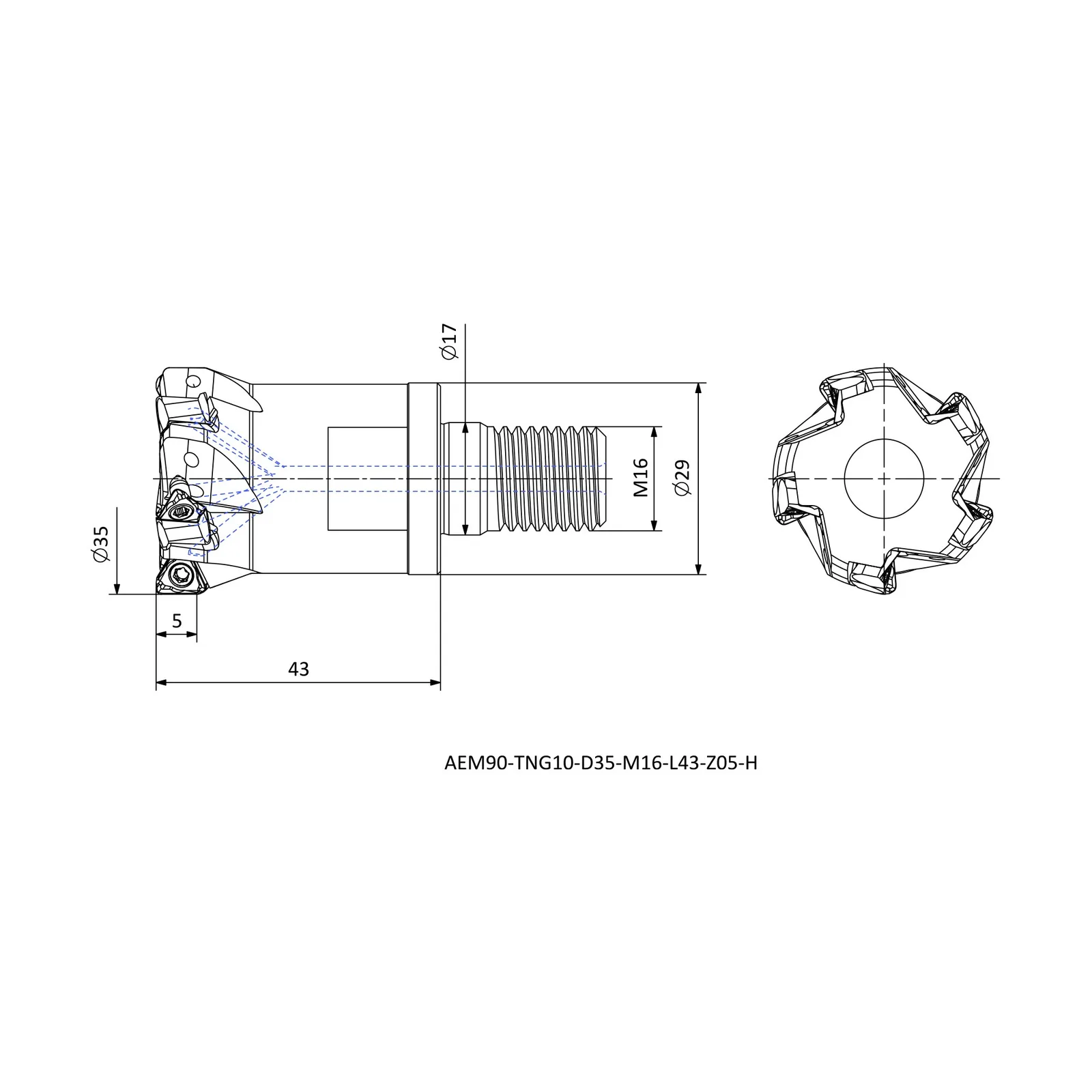 AEM90-TNG10-D35-M16-L43-Z05-H &mdash; dimensioned drawing