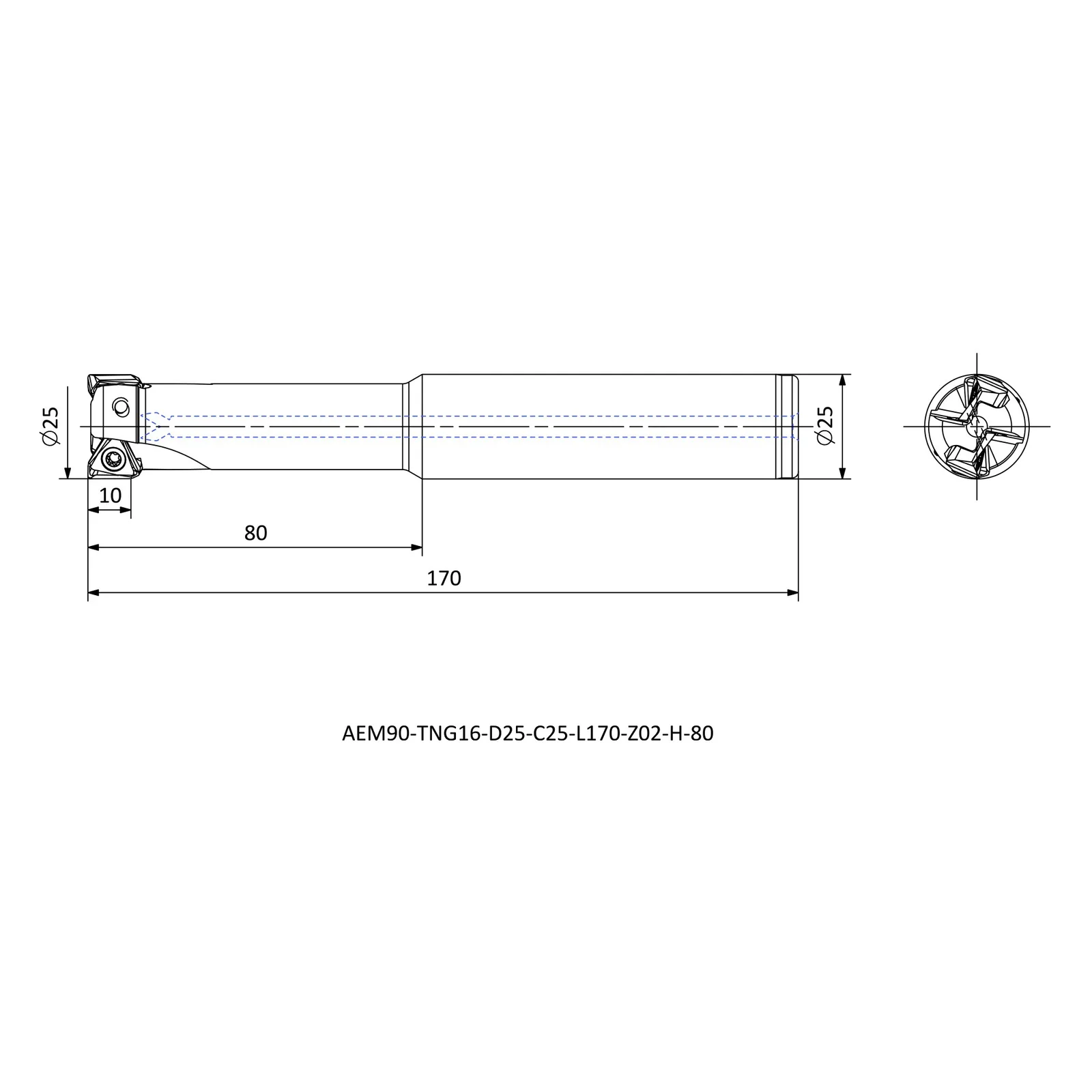 AEM90-TNG16-D25-C25-L170-Z02-H-80 &mdash; dimensioned drawing