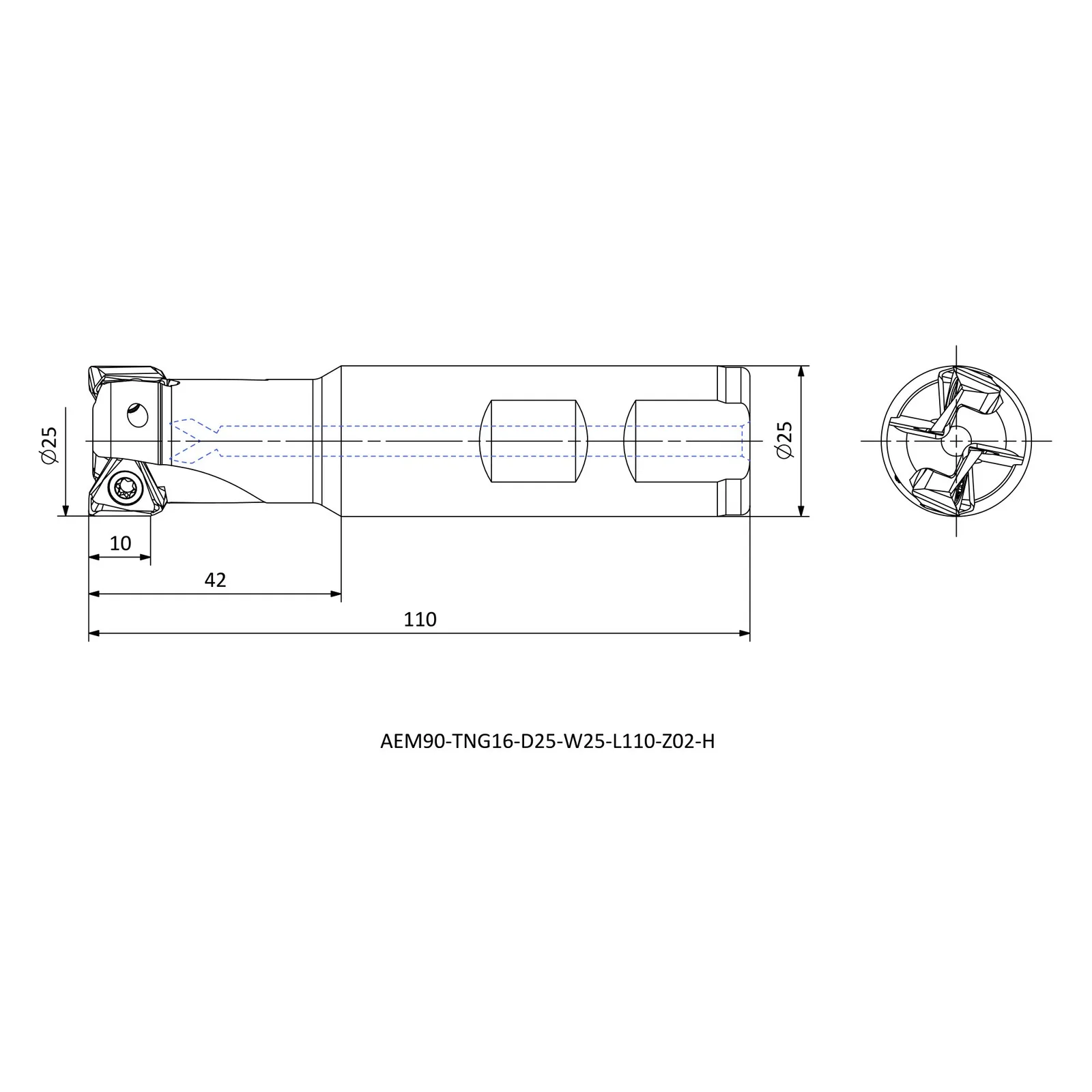 AEM90-TNG16-D25-W25-L110-Z02-H &mdash; dimensioned drawing