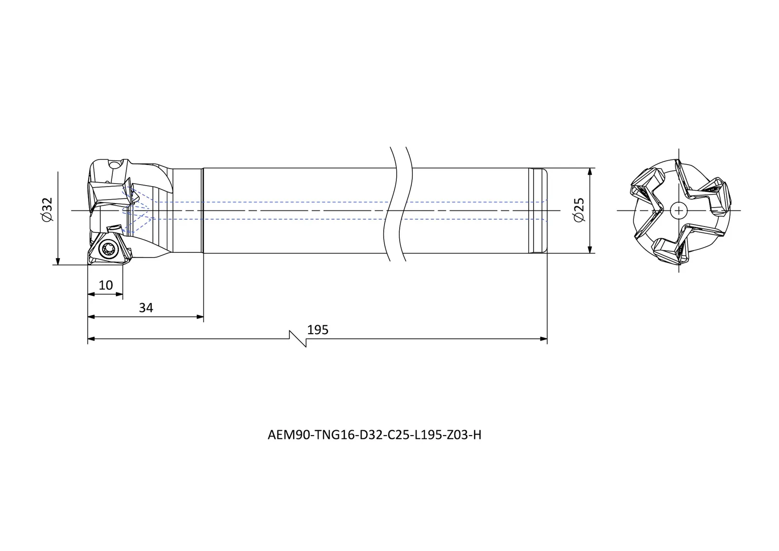 AEM90-TNG16-D32-C25-L195-Z03-H &mdash; dimensioned drawing