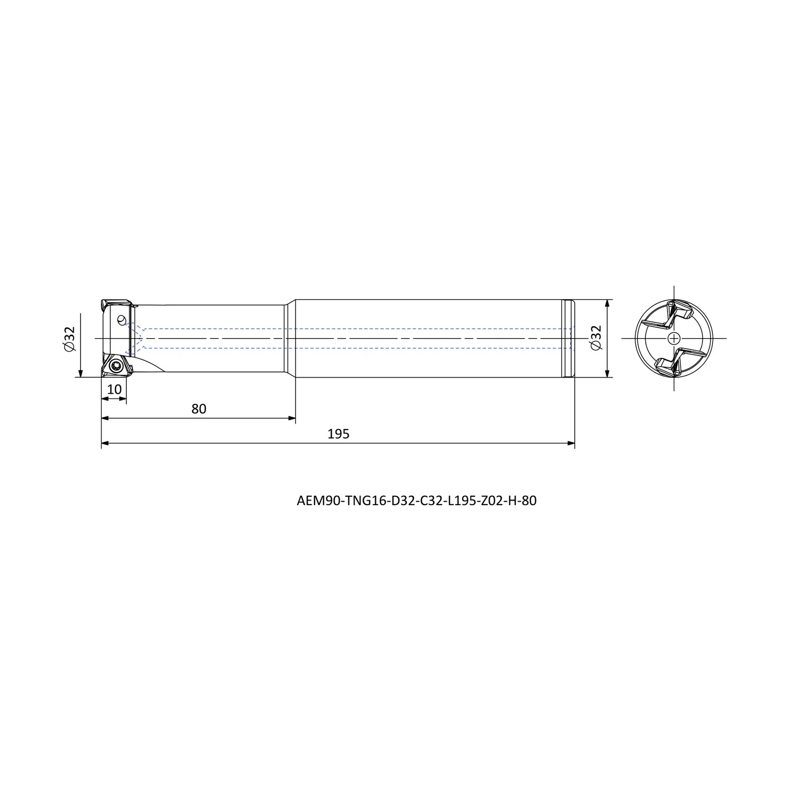 AEM90-TNG16-D32-C32-L195-Z02-H-80 &mdash; dimensioned drawing