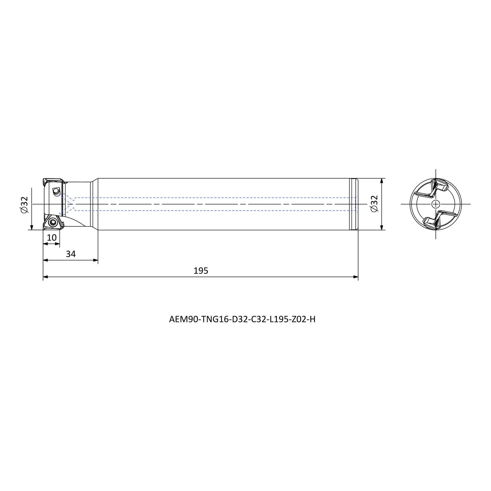 AEM90-TNG16-D32-C32-L195-Z02-H &mdash; dimensioned drawing