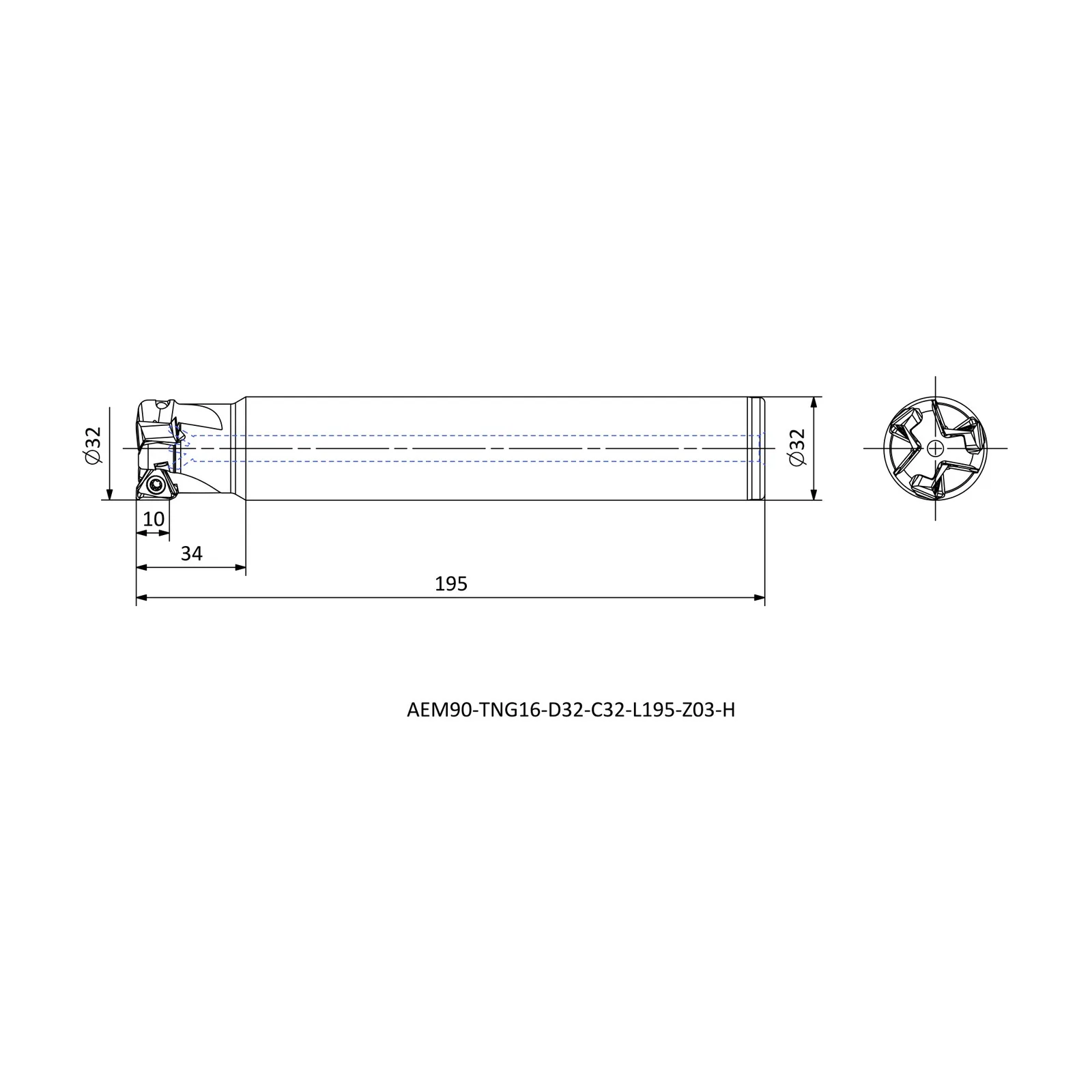 AEM90-TNG16-D32-C32-L195-Z03-H &mdash; dimensioned drawing