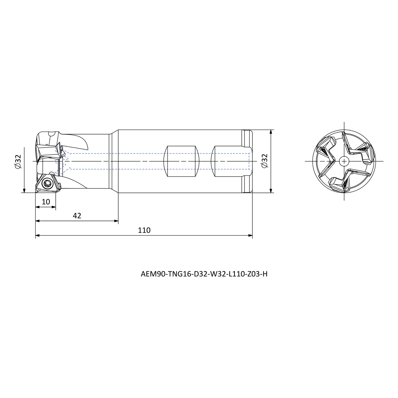 AEM90-TNG16-D32-W32-L110-Z03-H &mdash; dimensioned drawing