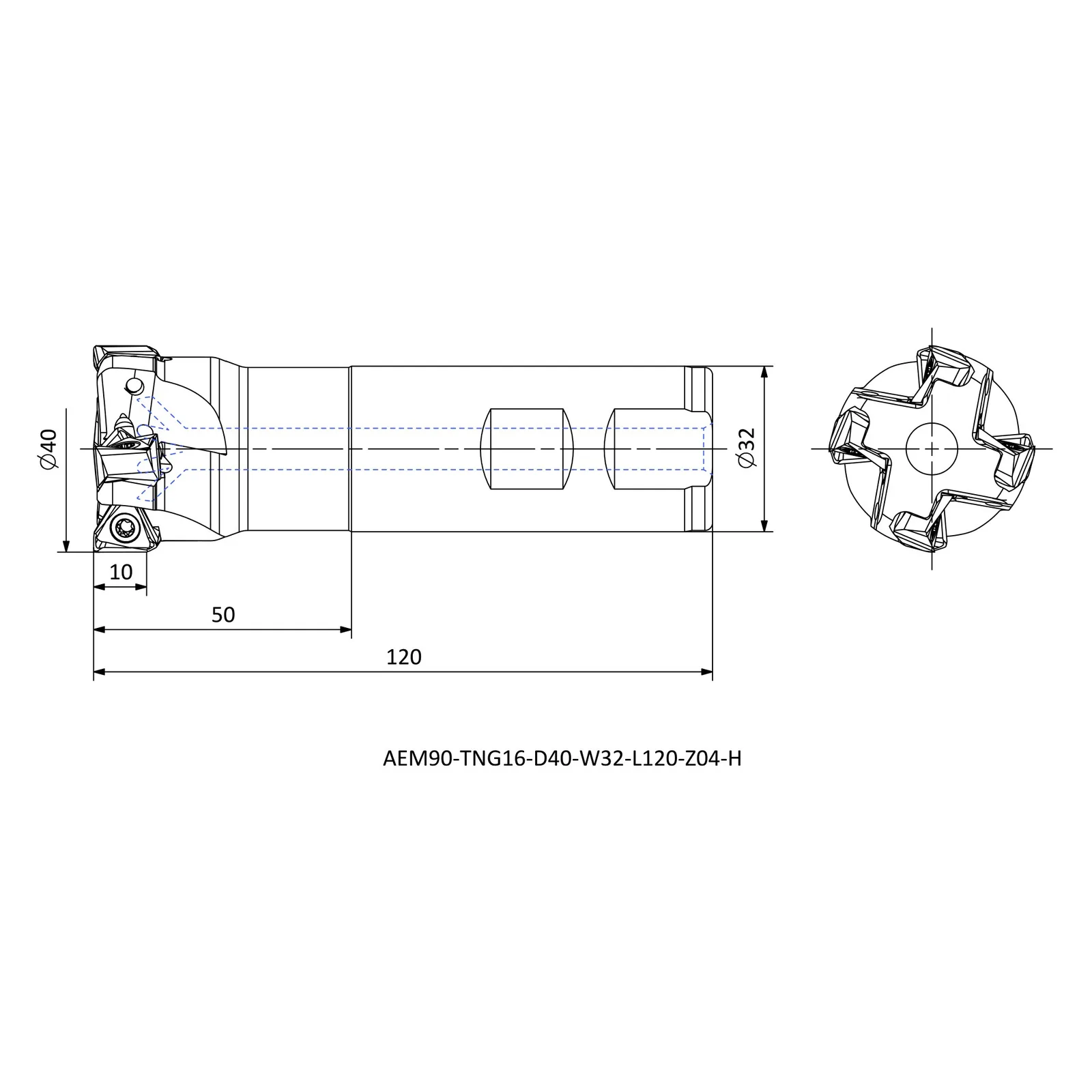 AEM90-TNG16-D40-W32-L120-Z04-H &mdash; dimensioned drawing