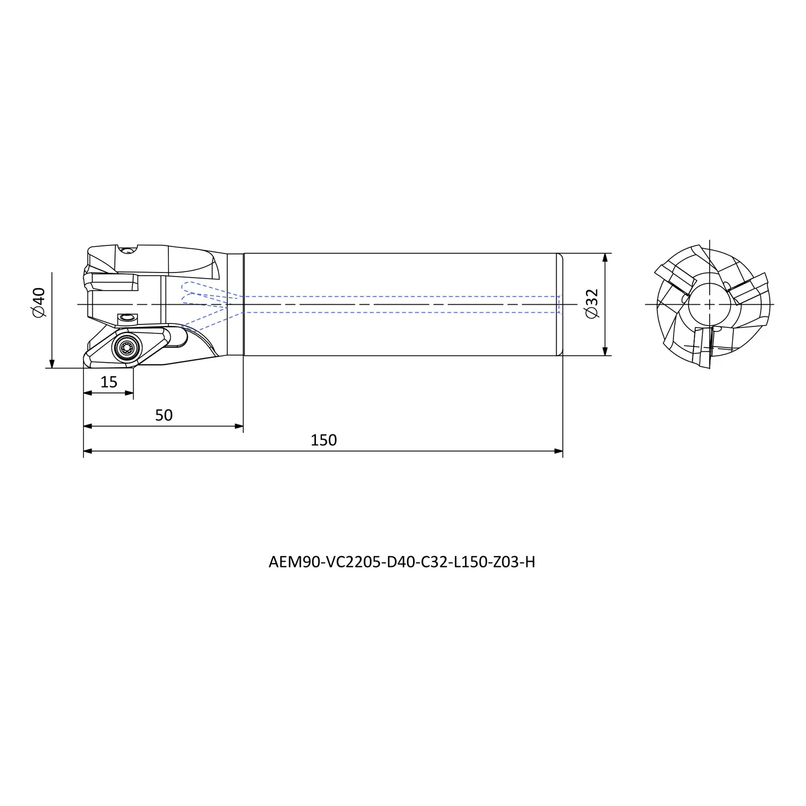 AEM90-VC2205-D40-C32-L150-Z03-H &mdash; dimensioned drawing
