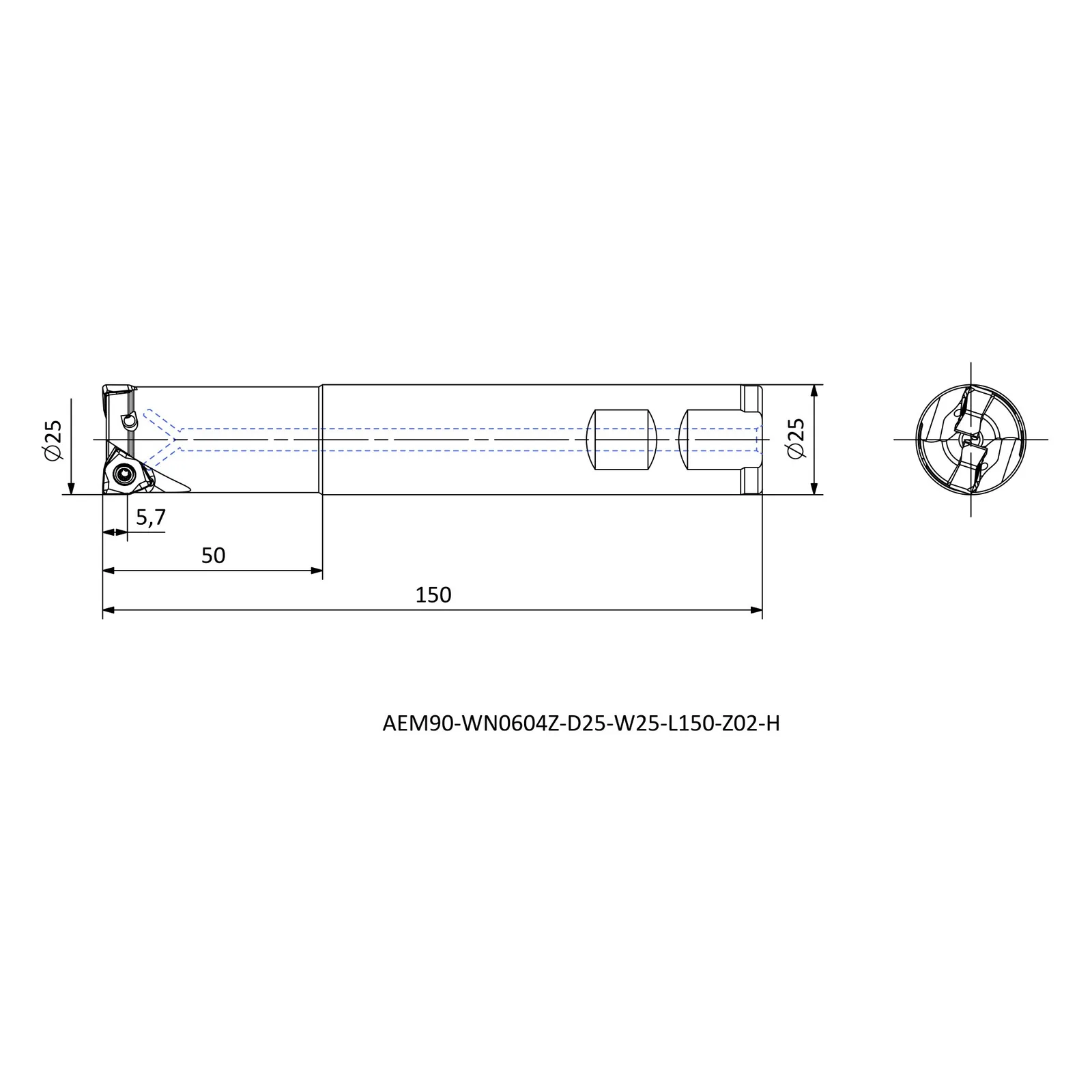 AEM90-WN0604Z-D25-W25-L150-Z02-H &mdash; dimensioned drawing