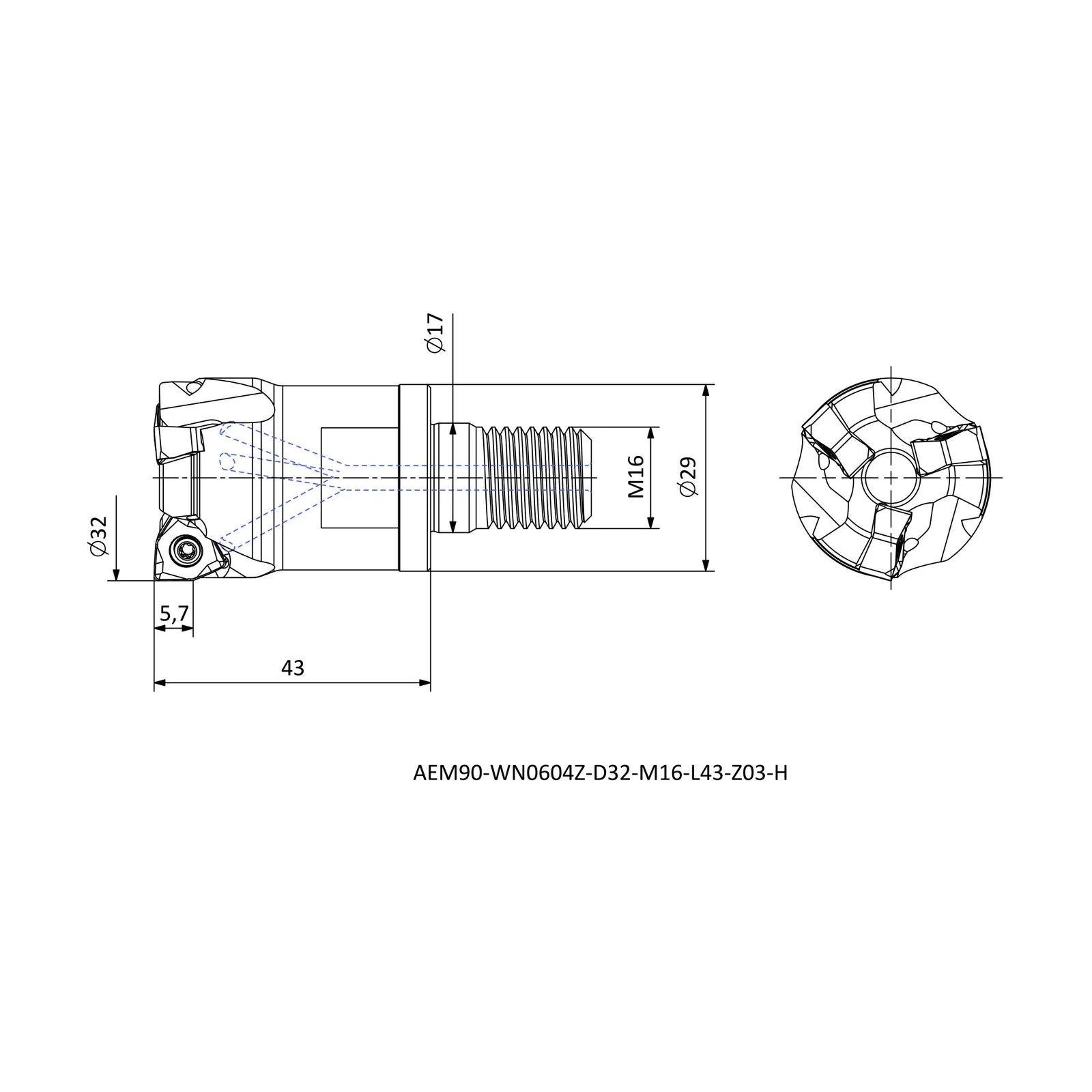 AEM90-WN0604Z-D32-M16-L43-Z03-H &mdash; dimensioned drawing