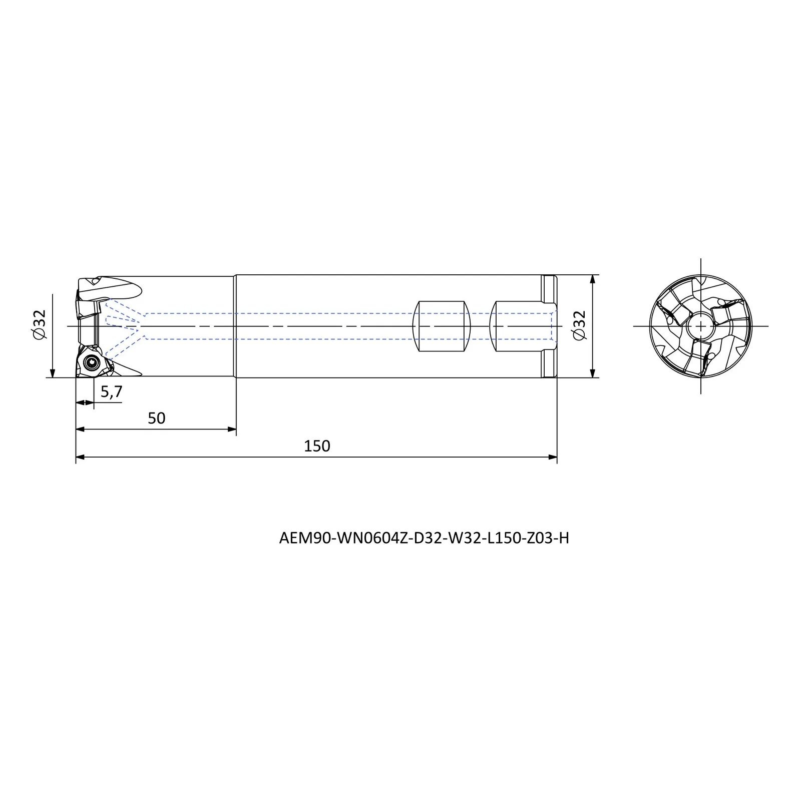 AEM90-WN0604Z-D32-W32-L150-Z03-H &mdash; dimensioned drawing