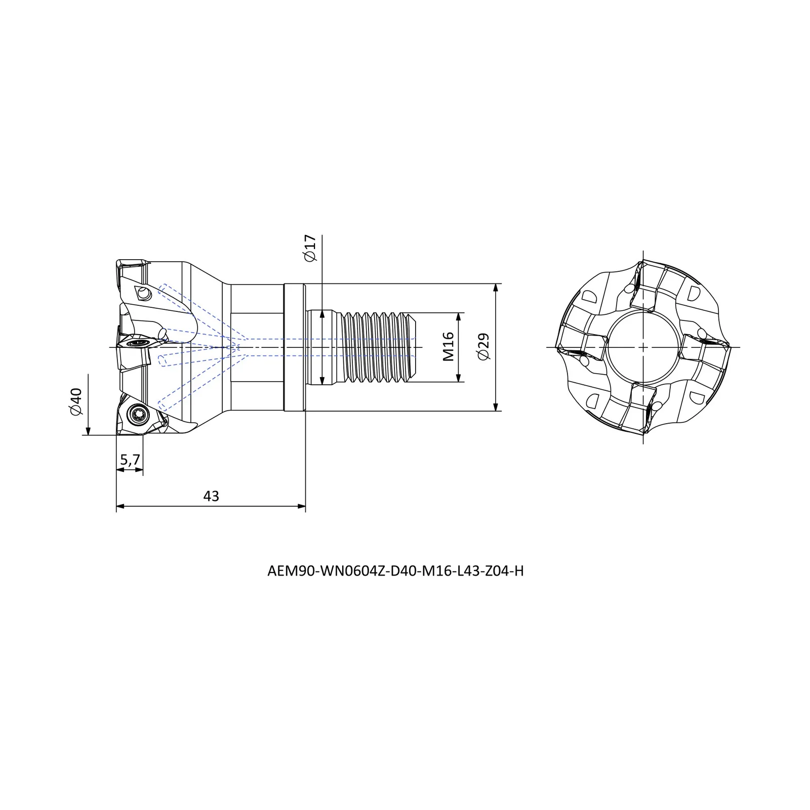 AEM90-WN0604Z-D40-M16-L43-Z04-H &mdash; dimensioned drawing