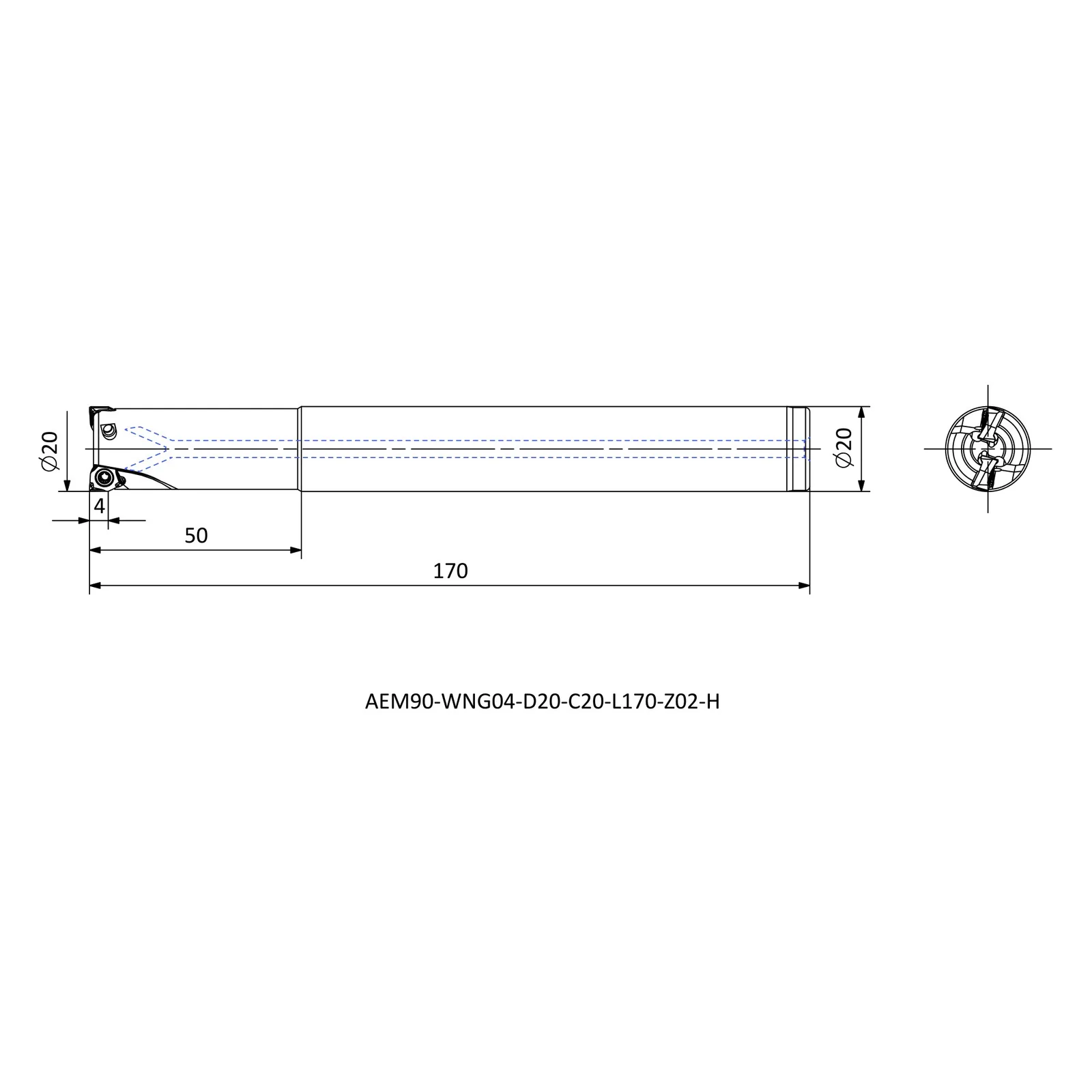 AEM90-WNG04-D20-C20-L170-Z02-H &mdash; dimensioned drawing