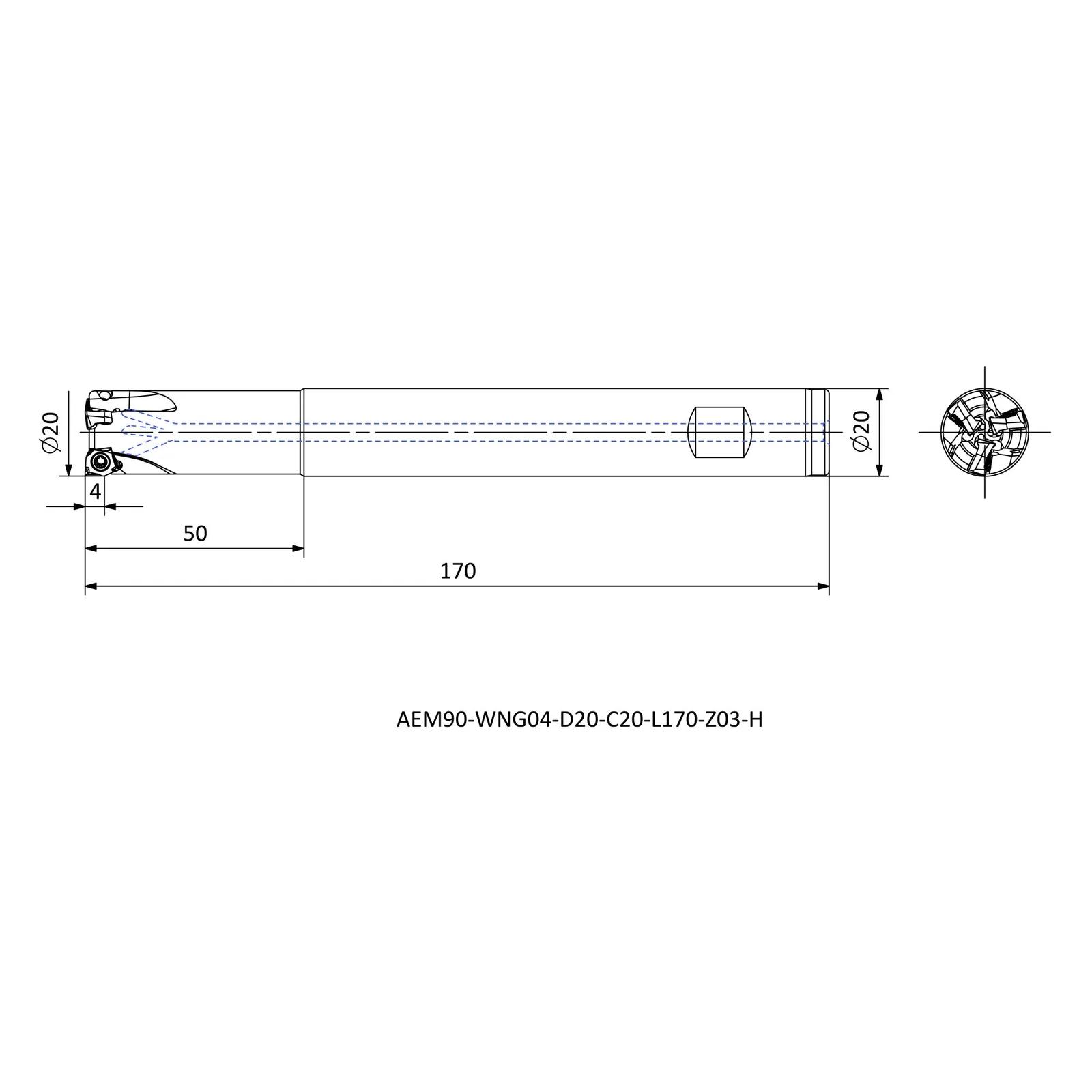 AEM90-WNG04-D20-C20-L170-Z03-H &mdash; dimensioned drawing