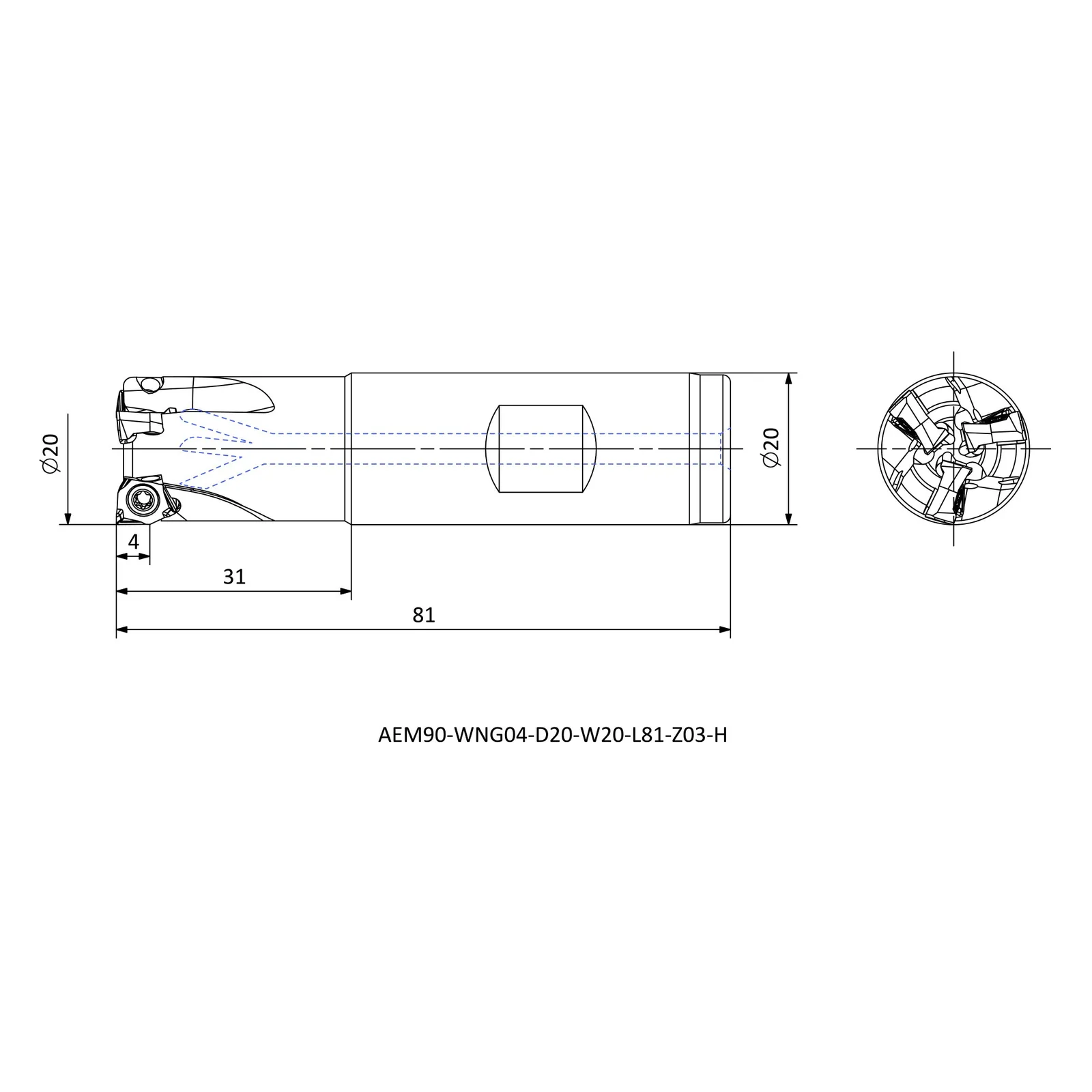 AEM90-WNG04-D20-W20-L81-Z03-H &mdash; dimensioned drawing