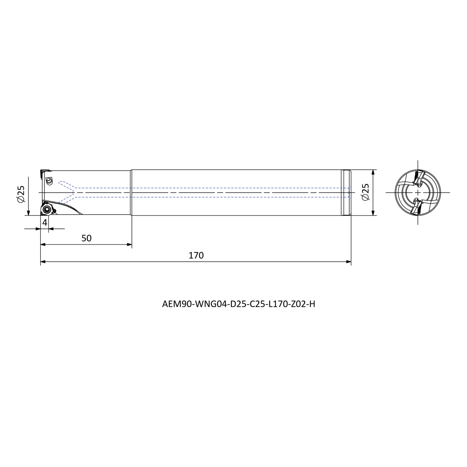 AEM90-WNG04-D25-C25-L170-Z02-H &mdash; dimensioned drawing