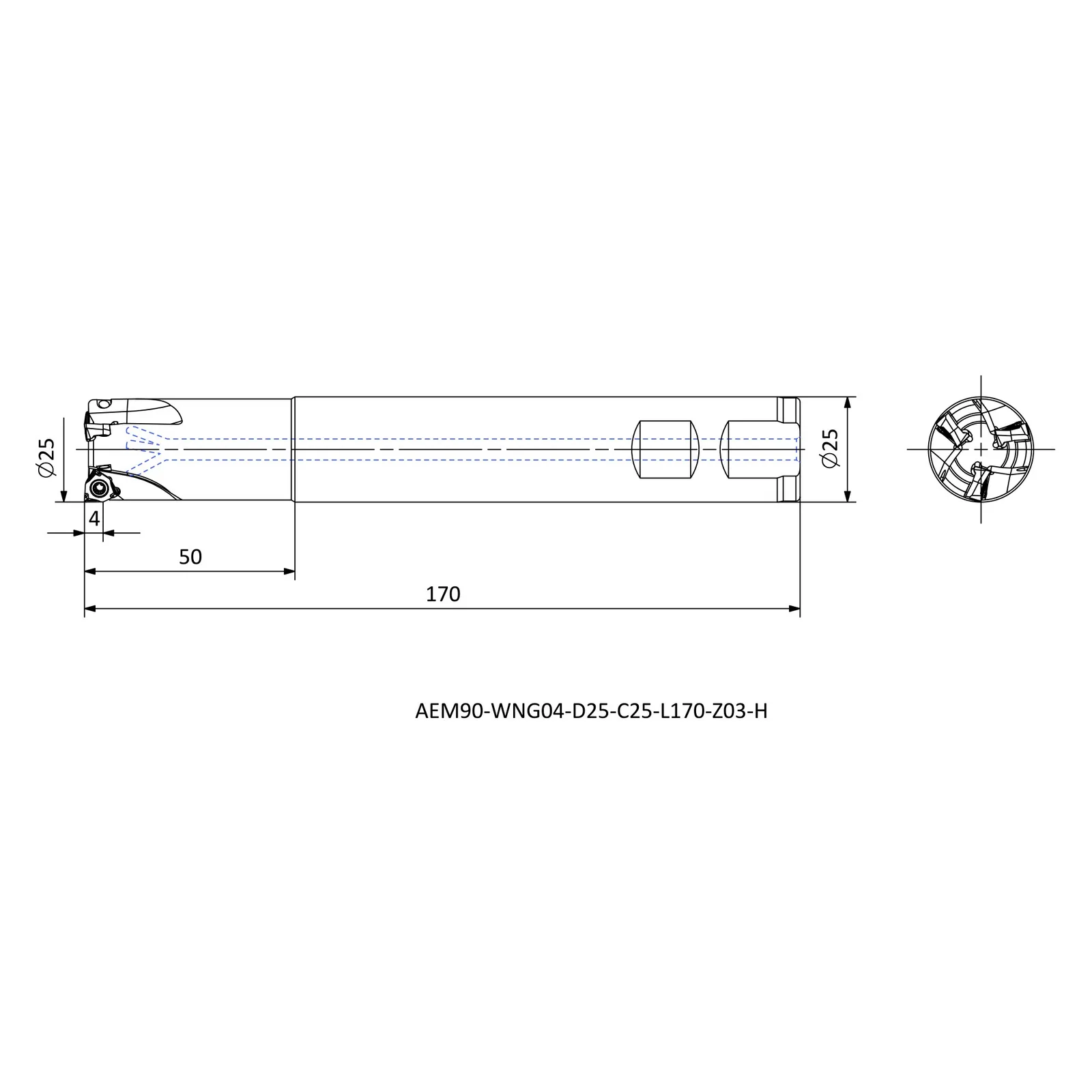 AEM90-WNG04-D25-C25-L170-Z03-H &mdash; dimensioned drawing