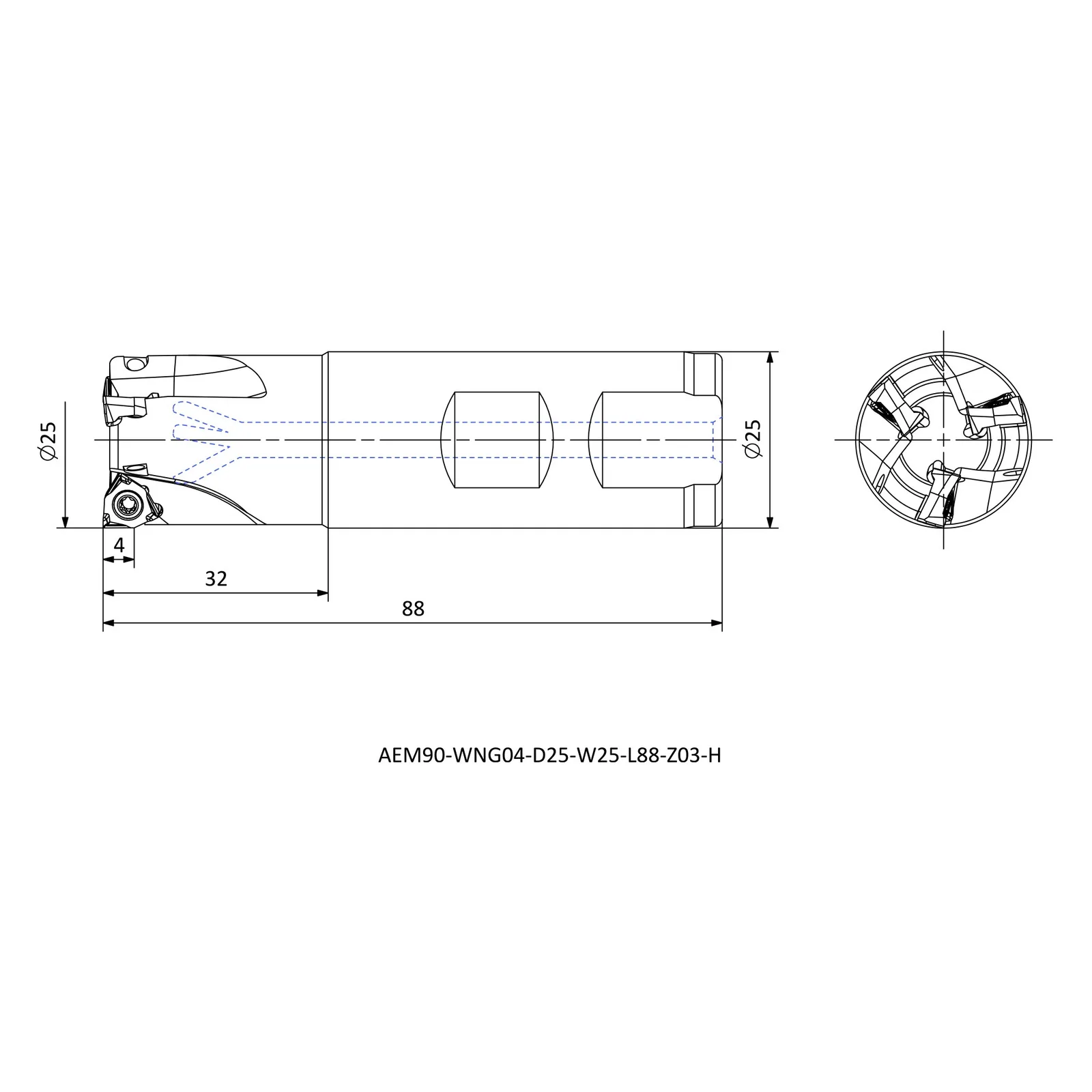 AEM90-WNG04-D25-W25-L88-Z03-H &mdash; dimensioned drawing