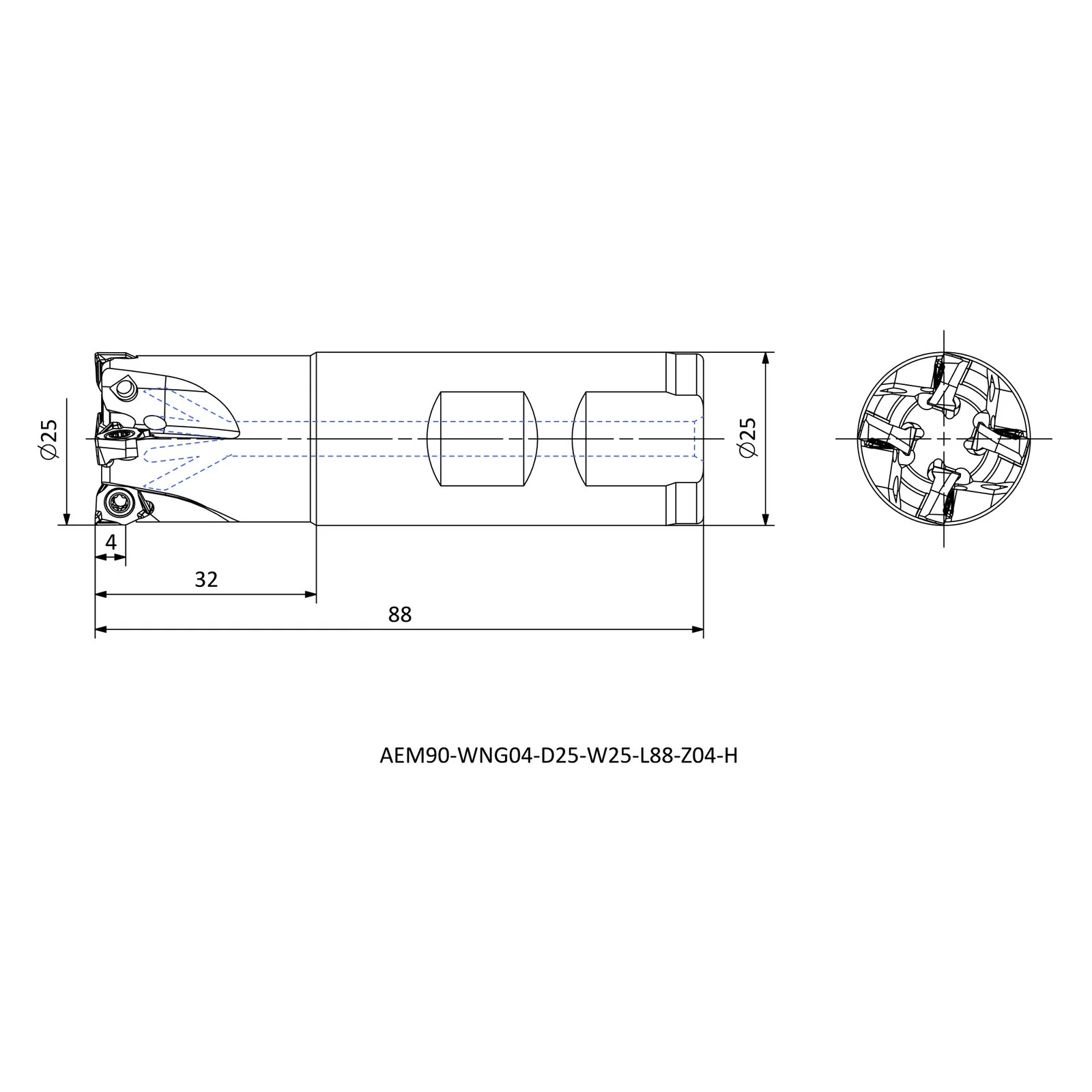 AEM90-WNG04-D25-W25-L88-Z04-H &mdash; dimensioned drawing