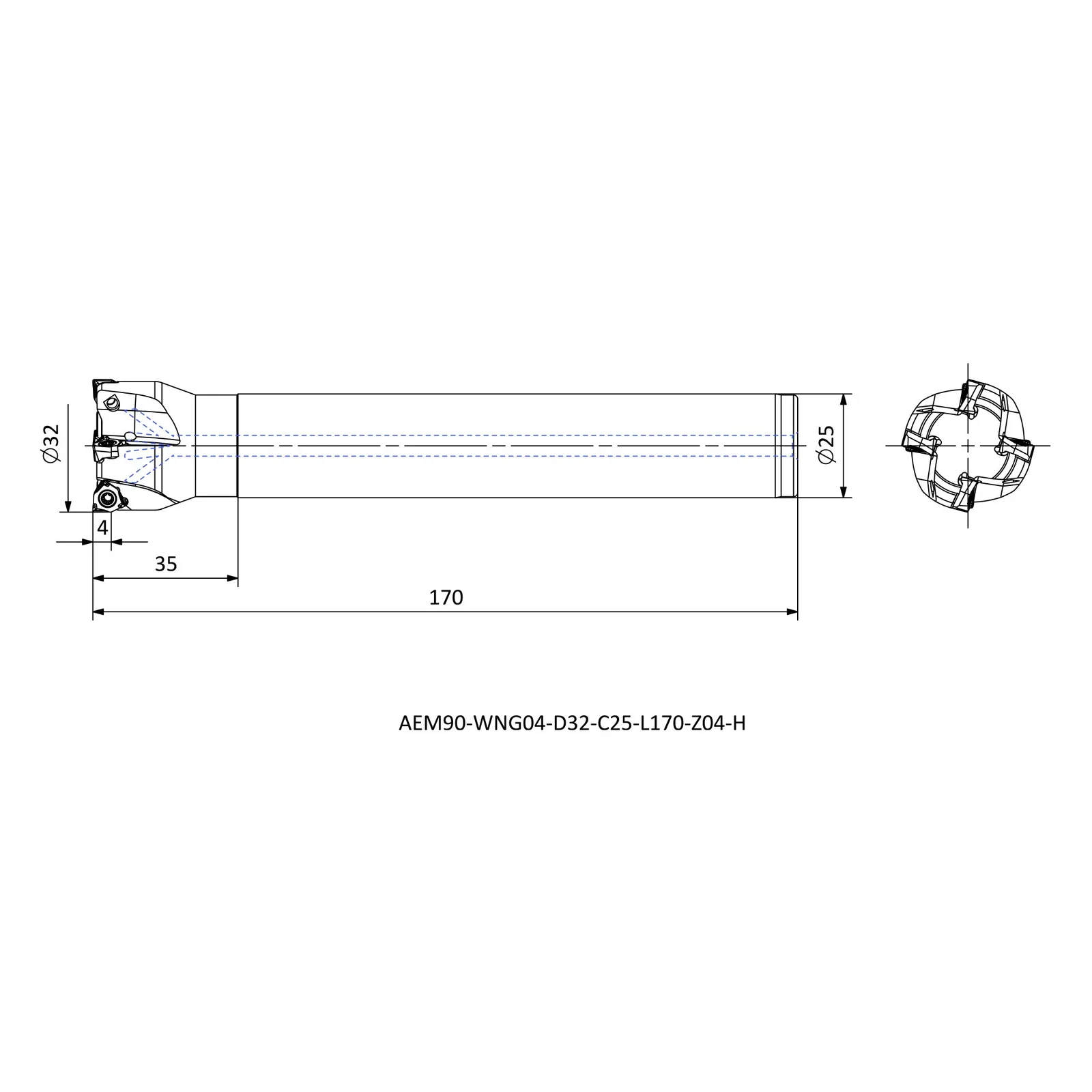 AEM90-WNG04-D32-C25-L170-Z04-H &mdash; dimensioned drawing