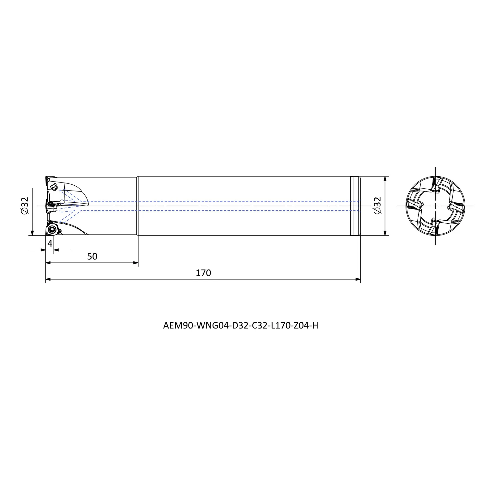 AEM90-WNG04-D32-C32-L170-Z04-H &mdash; dimensioned drawing
