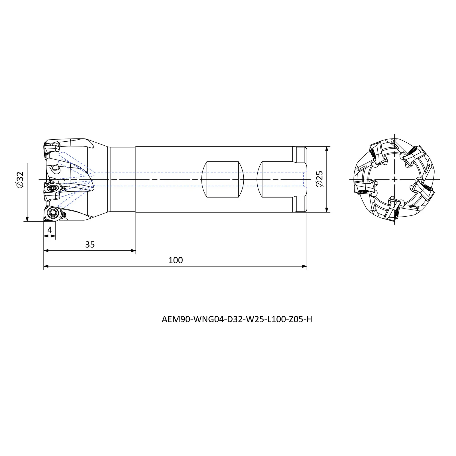 AEM90-WNG04-D32-W25-L100-Z05-H &mdash; dimensioned drawing