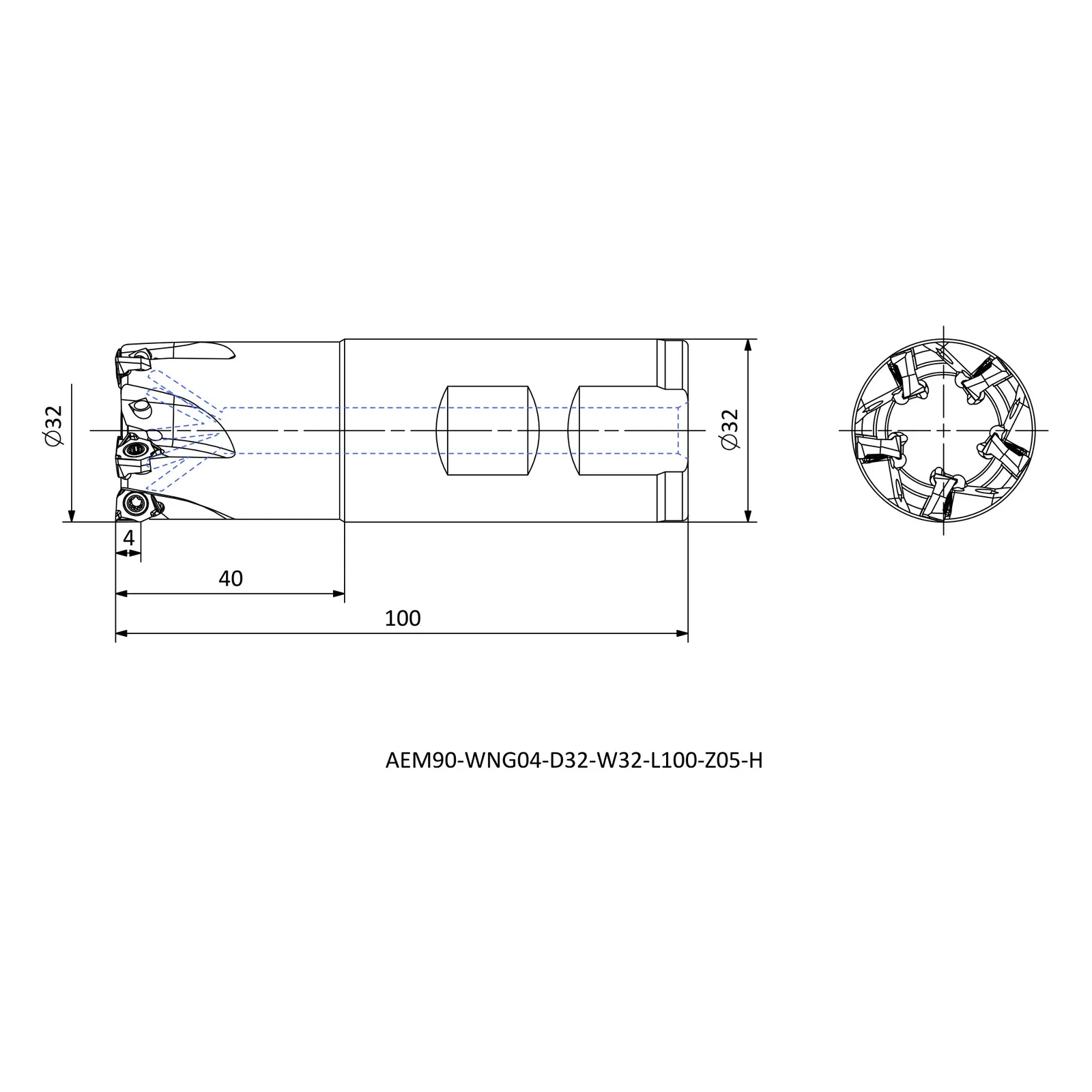 AEM90-WNG04-D32-W32-L100-Z05-H &mdash; dimensioned drawing