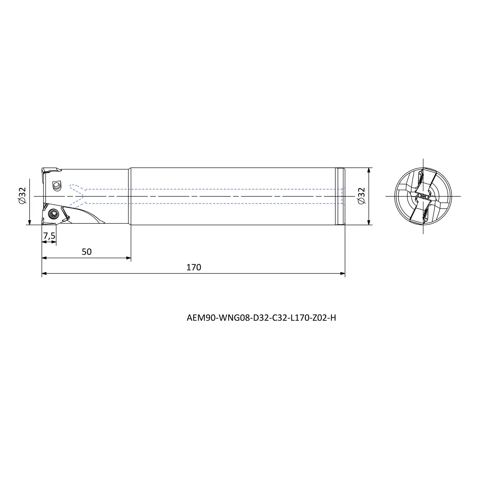 AEM90-WNG08-D32-C32-L170-Z02-H &mdash; dimensioned drawing