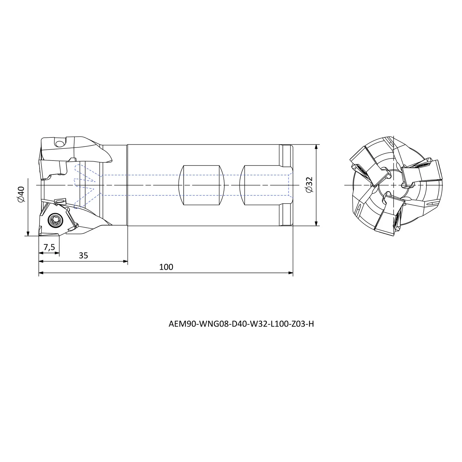 AEM90-WNG08-D40-W32-L100-Z03-H &mdash; dimensioned drawing