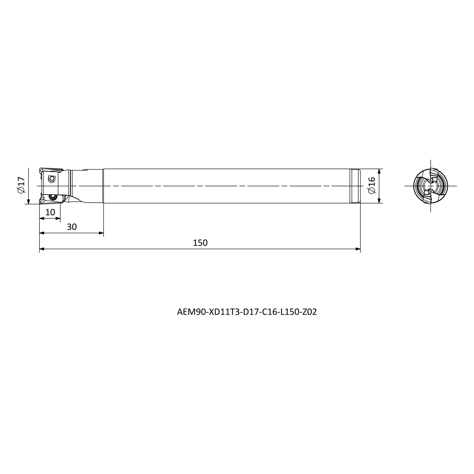 AEM90-XD11T3-D17-C16-L150-Z02 &mdash; dimensioned drawing