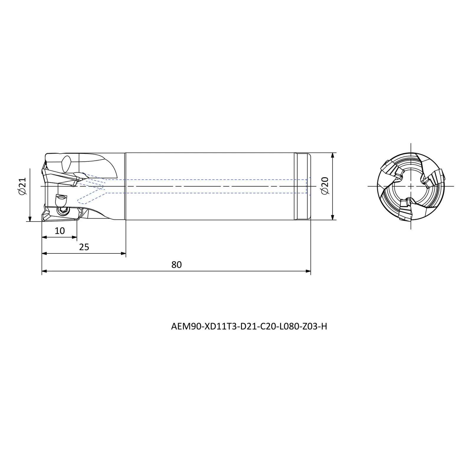AEM90-XD11T3-D21-C20-L080-Z03-H &mdash; dimensioned drawing