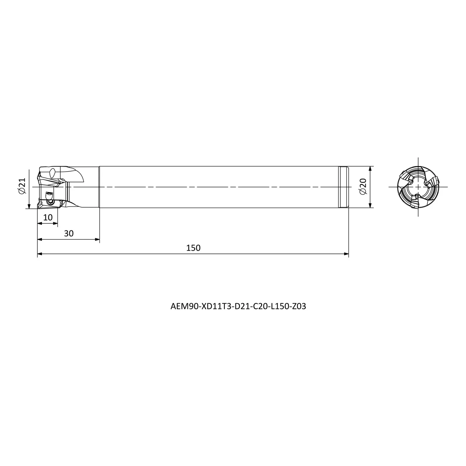AEM90-XD11T3-D21-C20-L150-Z03 &mdash; dimensioned drawing